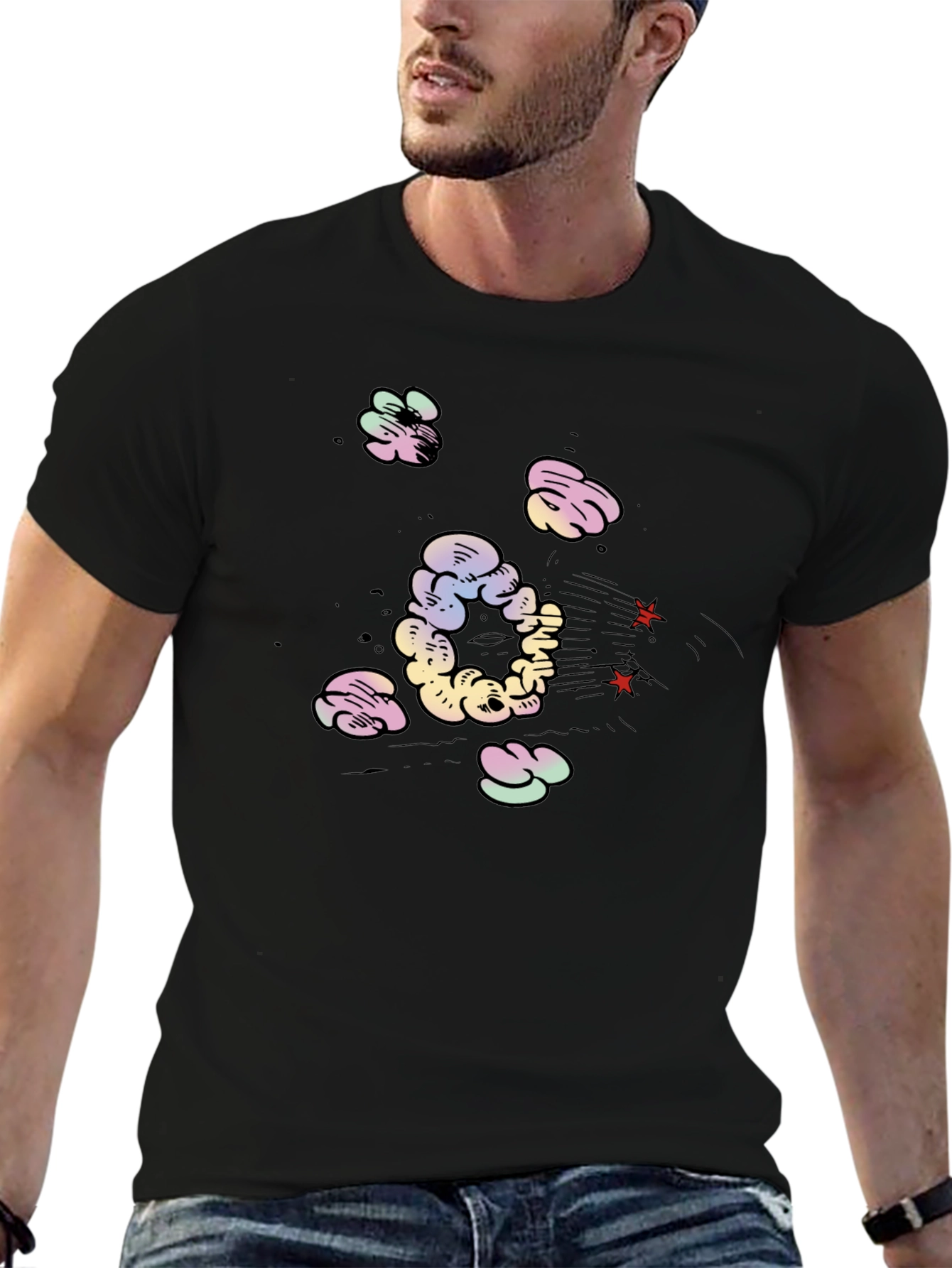 Cartoon Cloud Print Black T-Shirt
