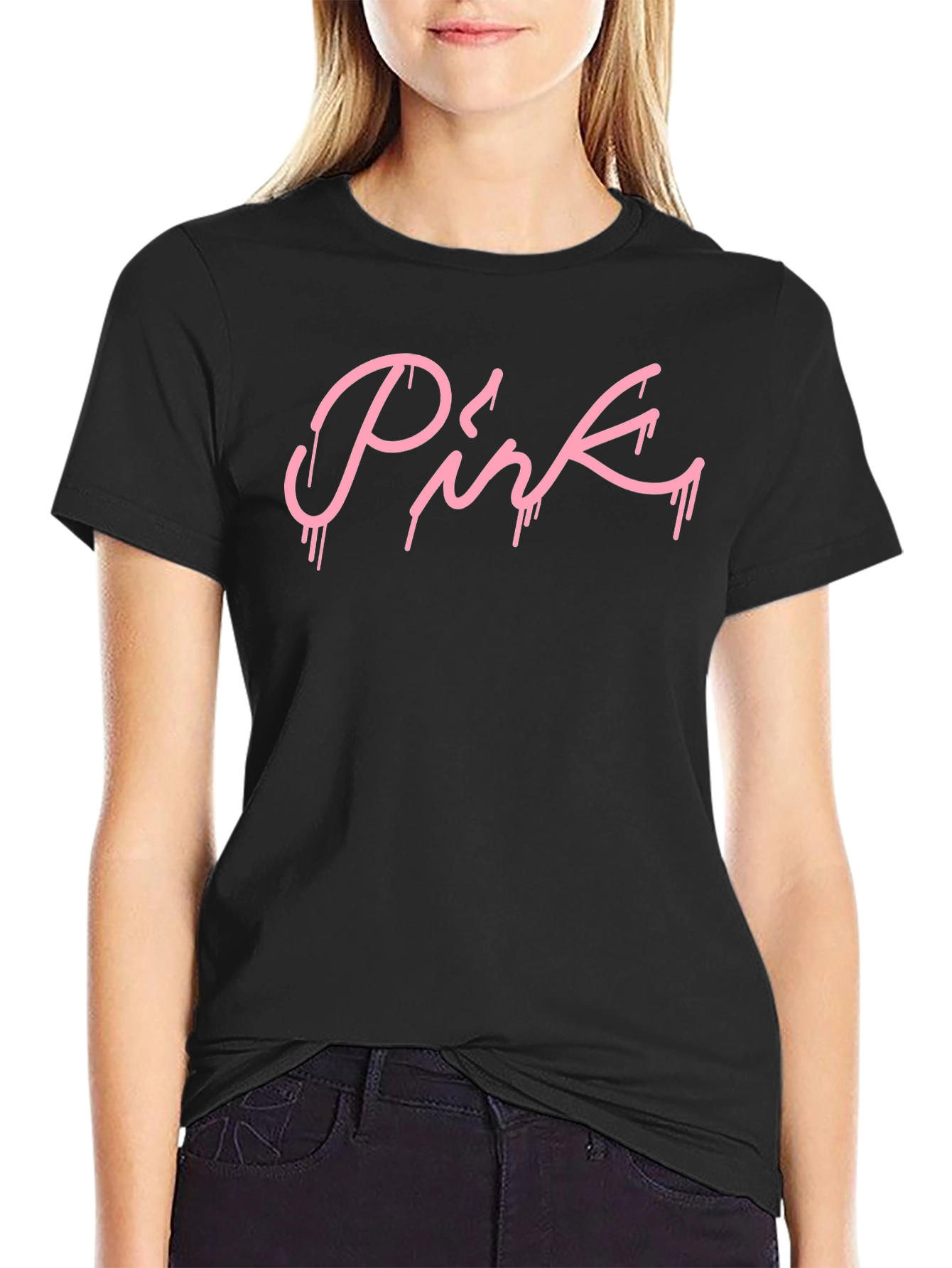 Pink Drip Graphic Black T-Shirt