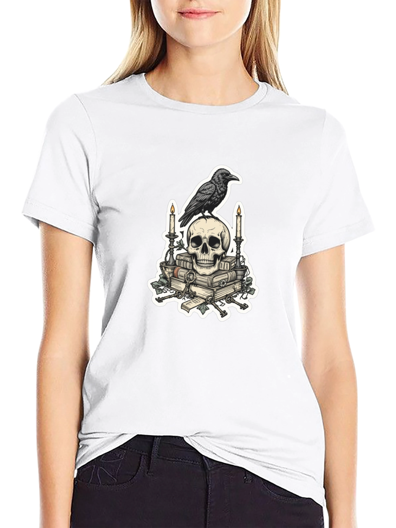 Raven Skull & Books Graphic Tee - Gothic Style