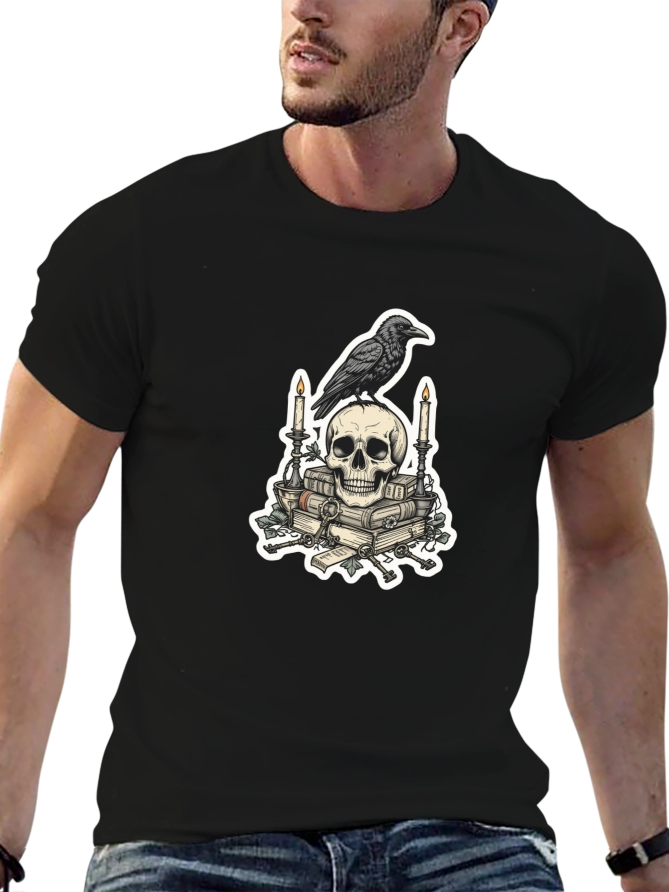 Raven Skull & Books Graphic Tee - Gothic Style