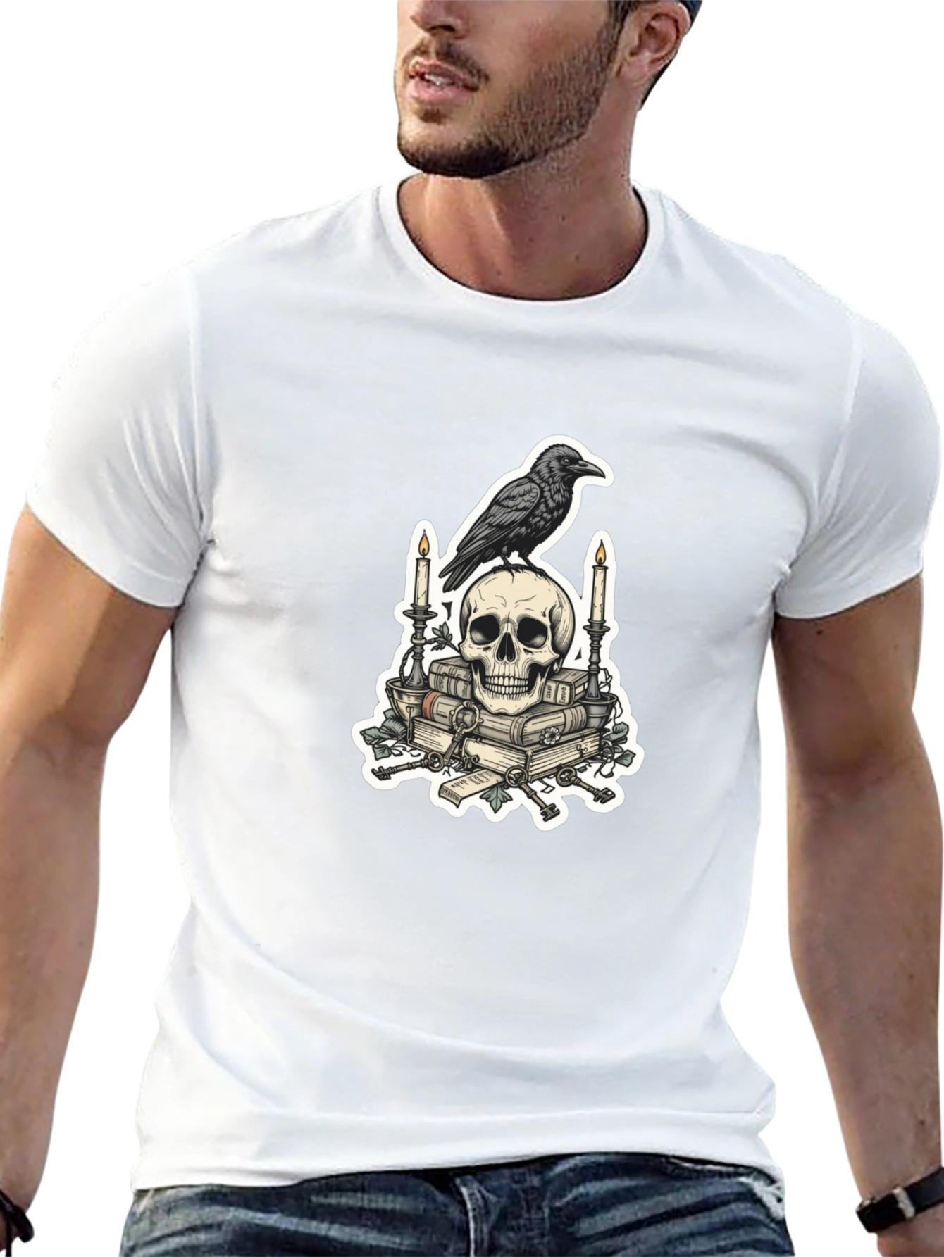 Raven Skull & Books Graphic Tee - Gothic Style