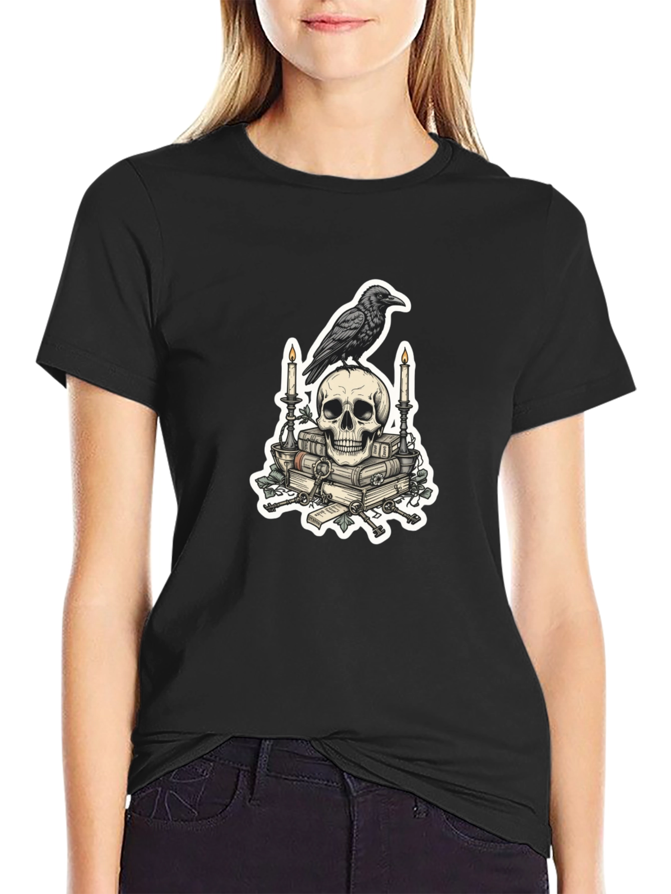 Raven Skull & Books Graphic Tee - Gothic Style