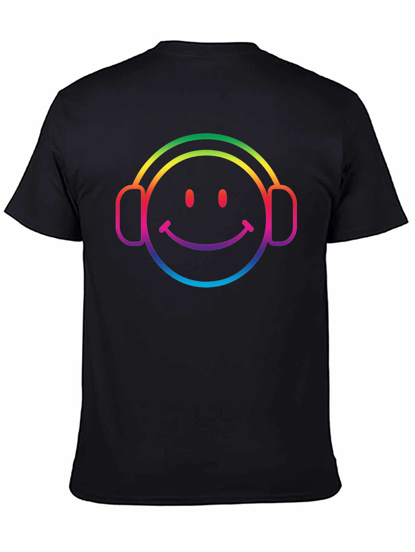 Rainbow Smiley Face Headphones Black T-Shirt