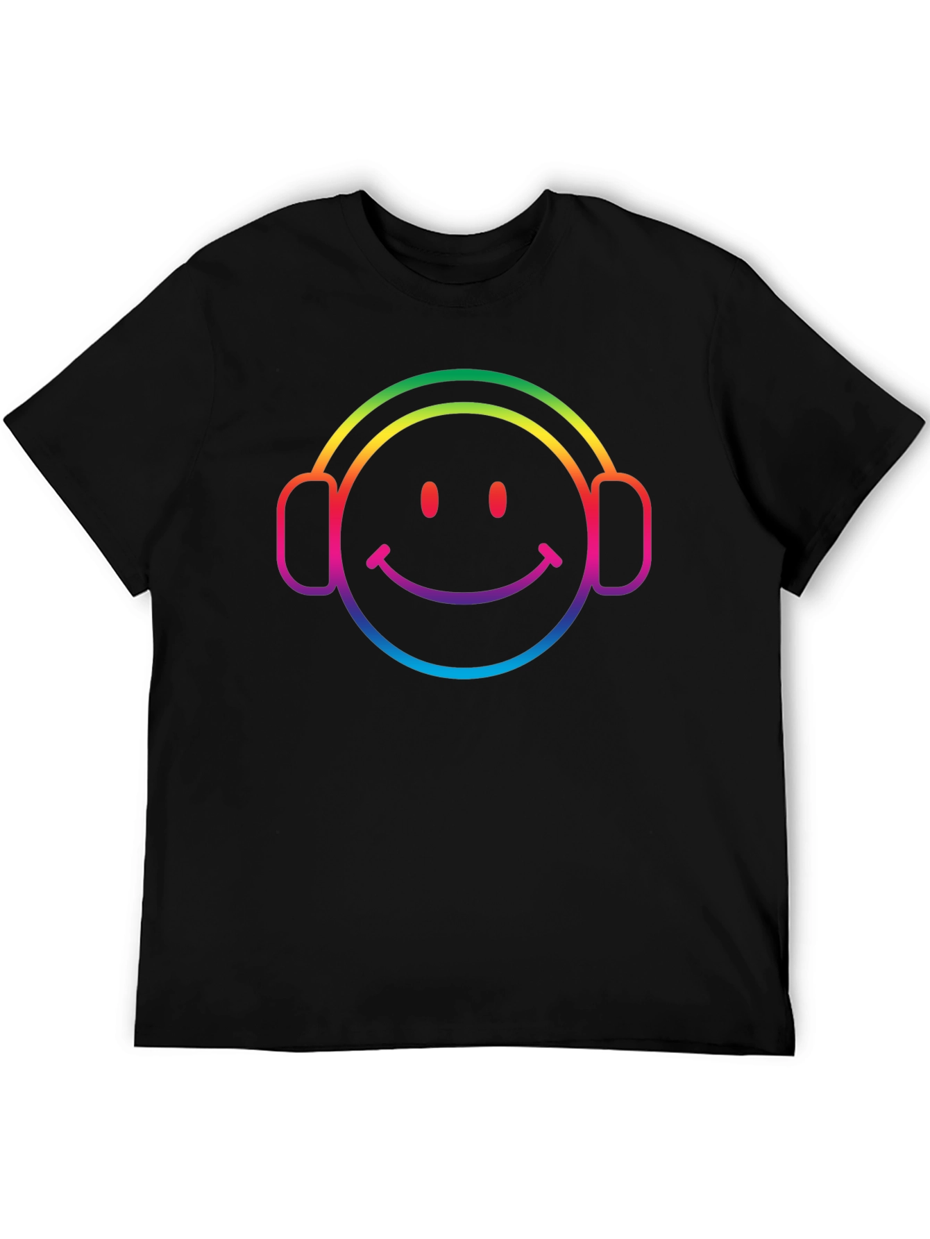 Rainbow Smiley Face Headphones Black T-Shirt