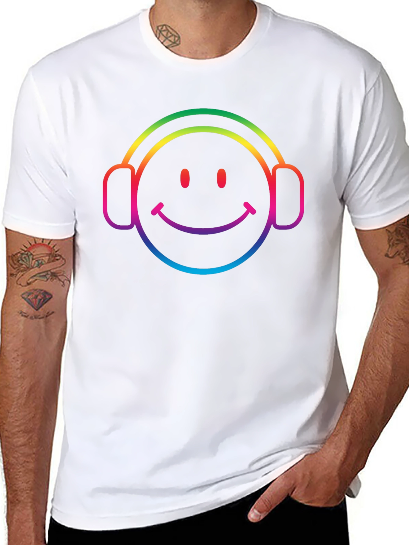 Rainbow Smiley Face Headphones Black T-Shirt