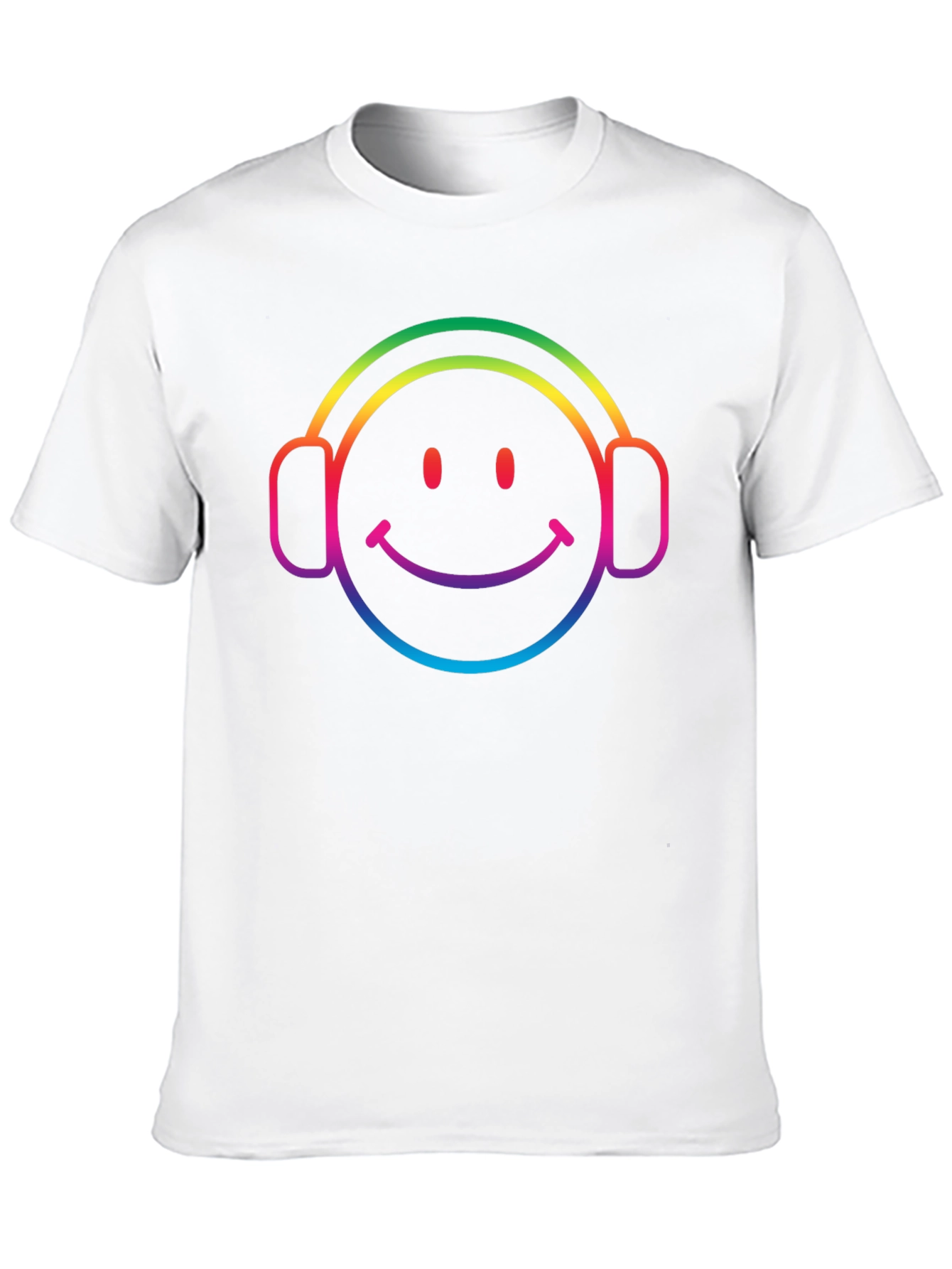 Rainbow Smiley Face Headphones Black T-Shirt