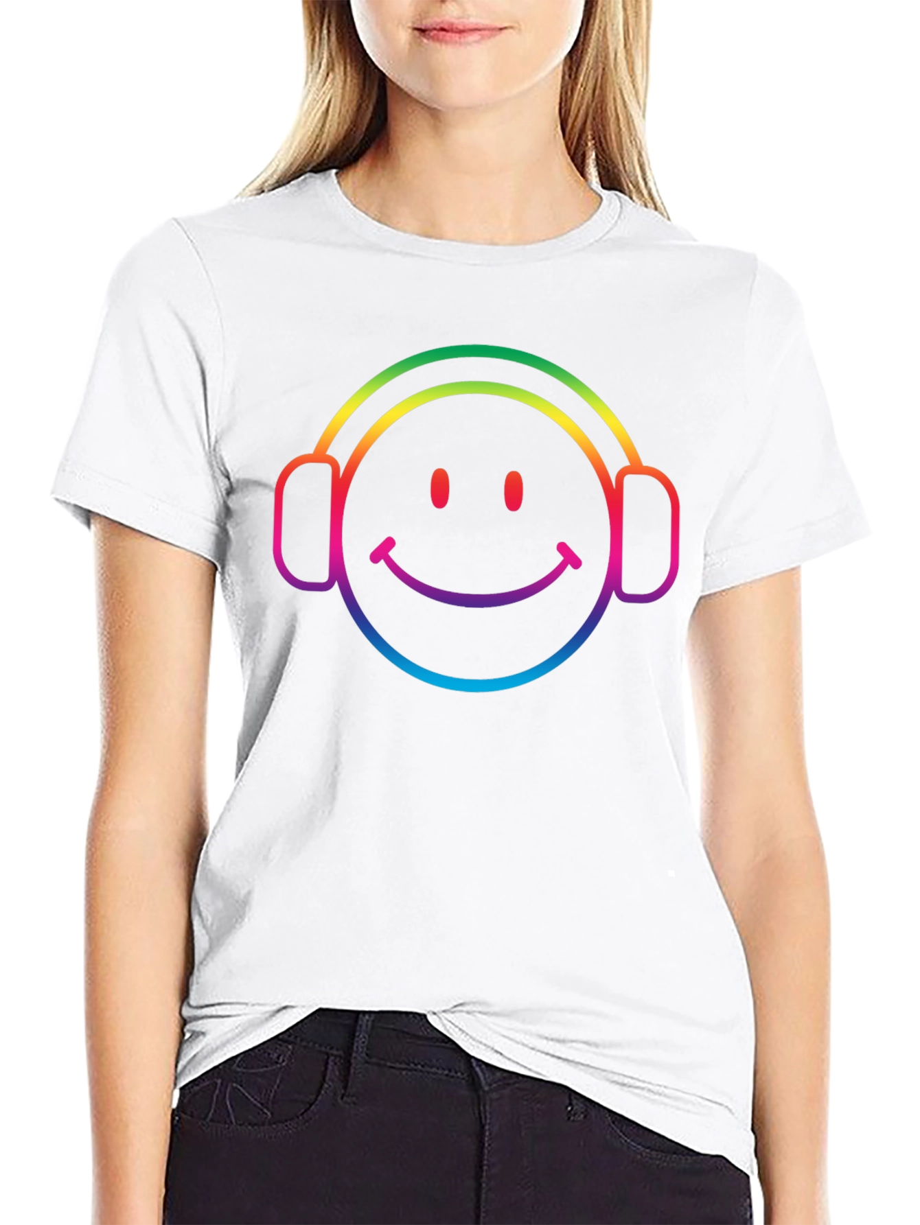 Rainbow Smiley Face Headphones Black T-Shirt