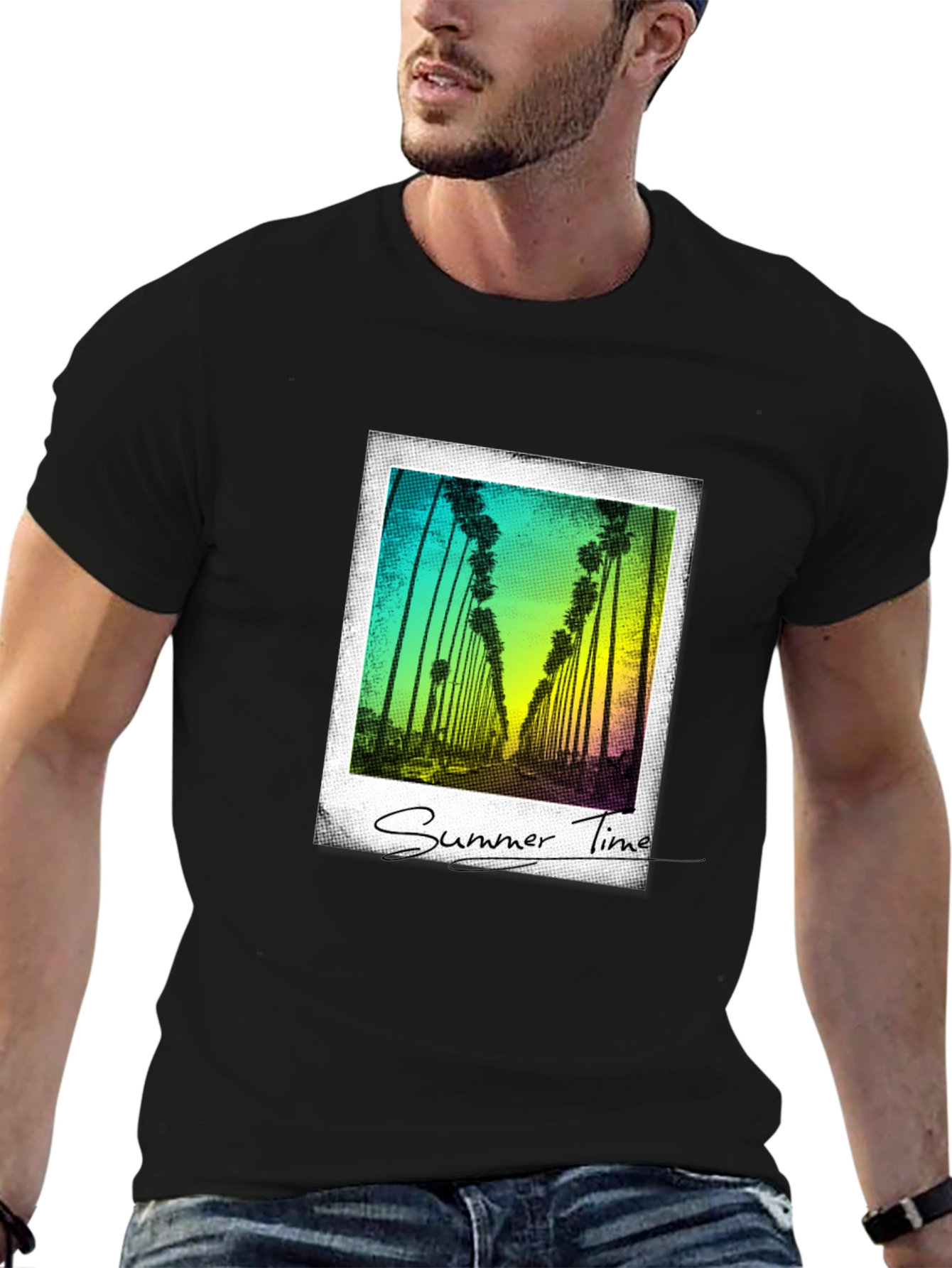 Summer Time Palm Tree Graphic Tee - Black