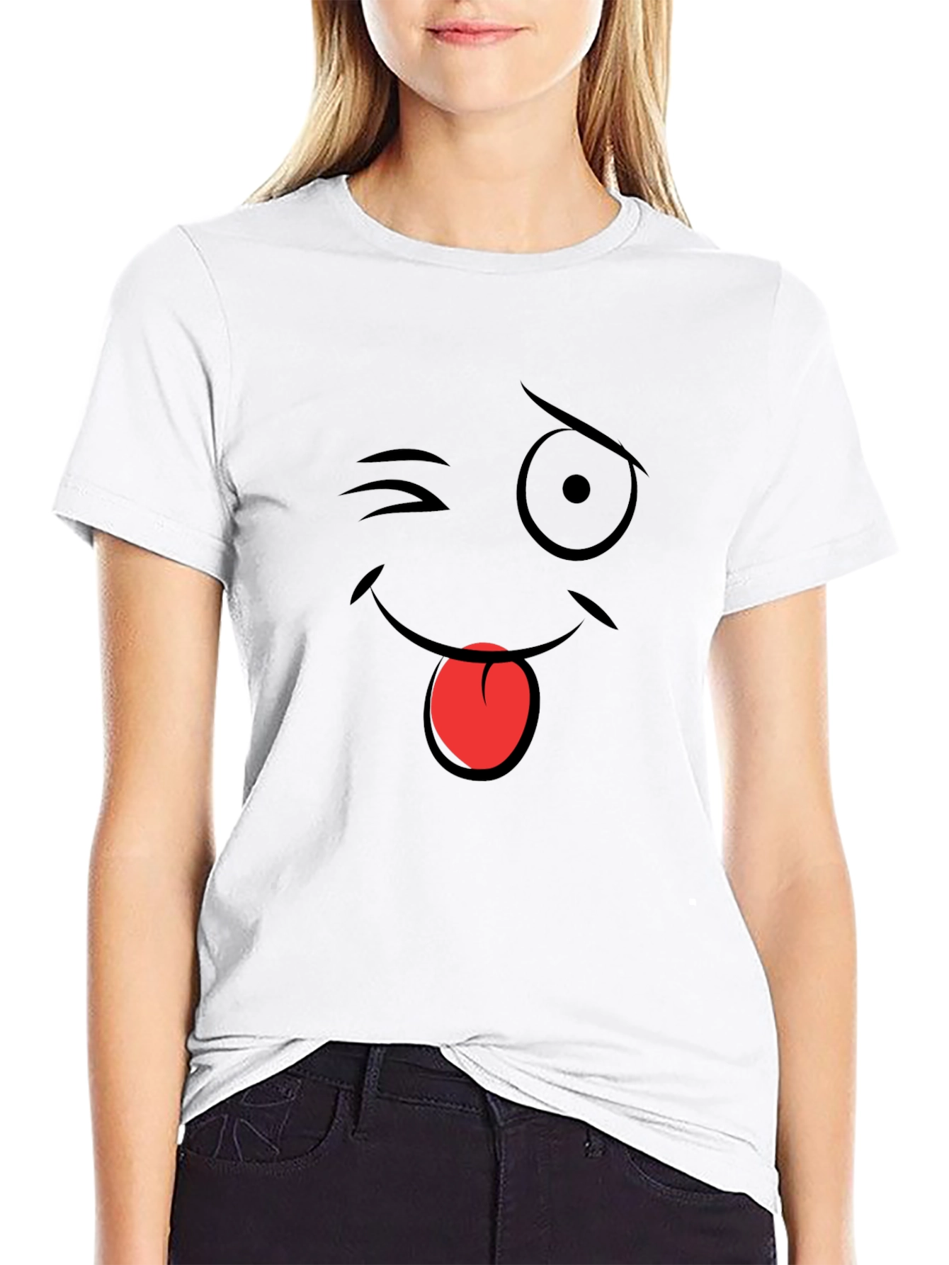 Winking Emoji Graphic T-Shirt - Black Cotton Blend