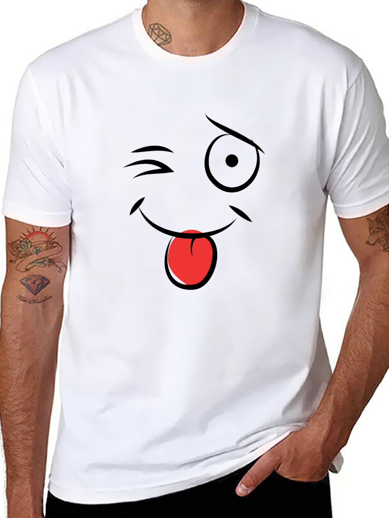 Winking Emoji Graphic T-Shirt - Black Cotton Blend