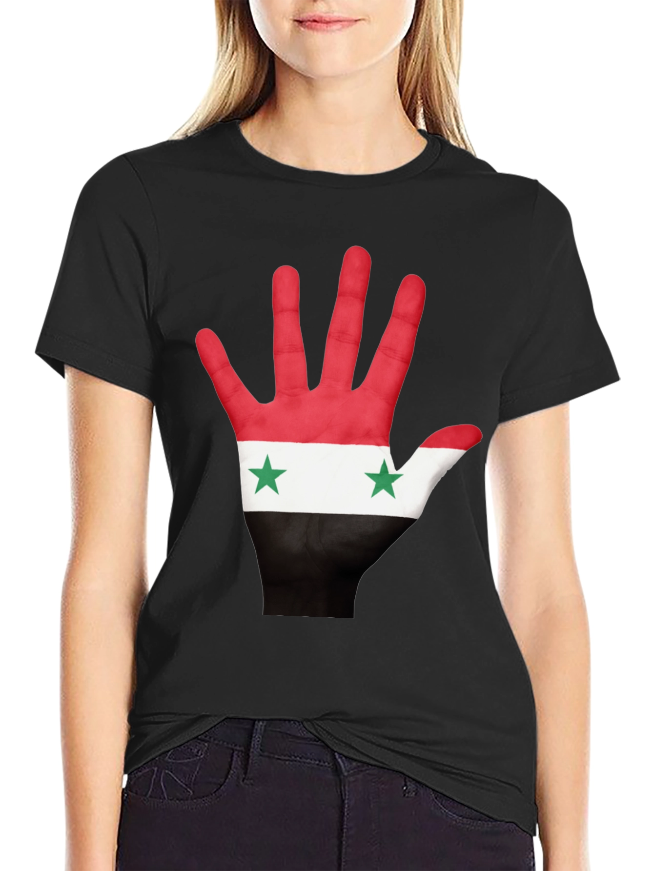 Syria Flag Hand Print T-Shirt - Black