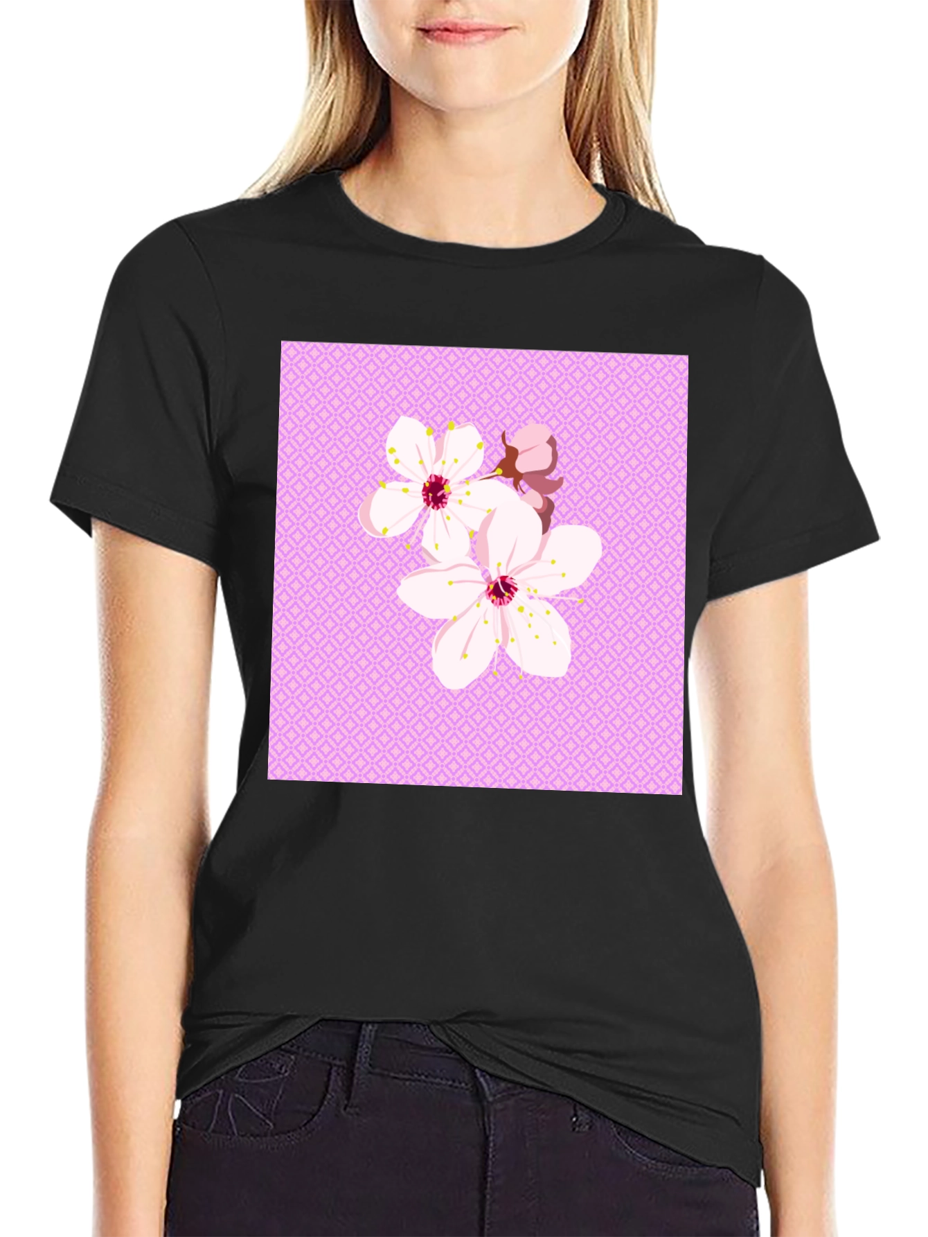 Floral Cherry Blossom Graphic Tee - Black