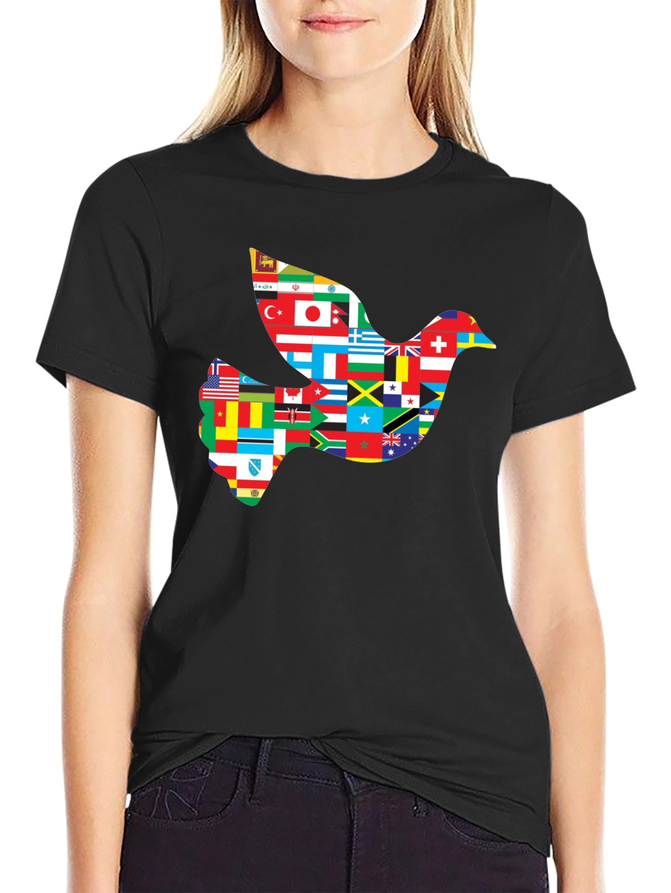 Peace Dove Flags Graphic Tee - Black Cotton Shirt