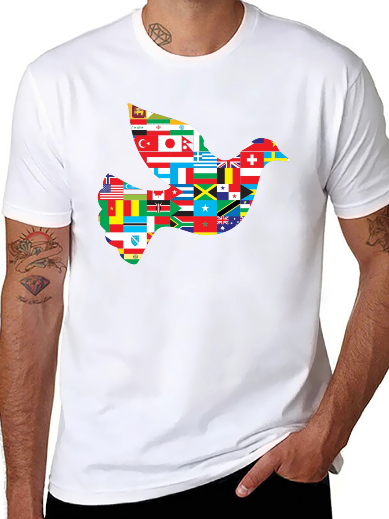 Peace Dove Flags Graphic Tee - Black Cotton Shirt