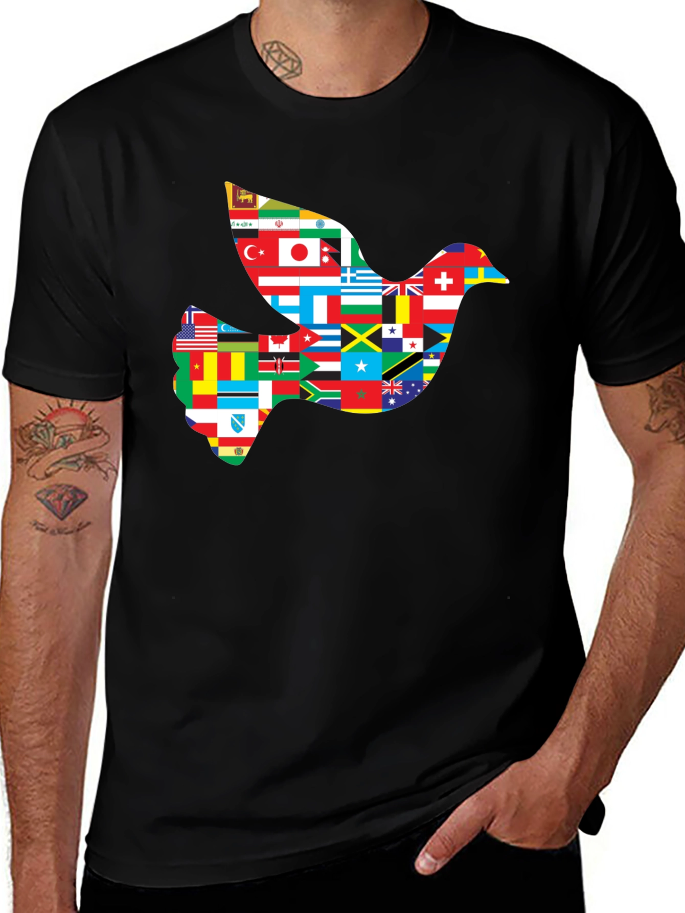 Peace Dove Flags Graphic Tee - Black Cotton Shirt