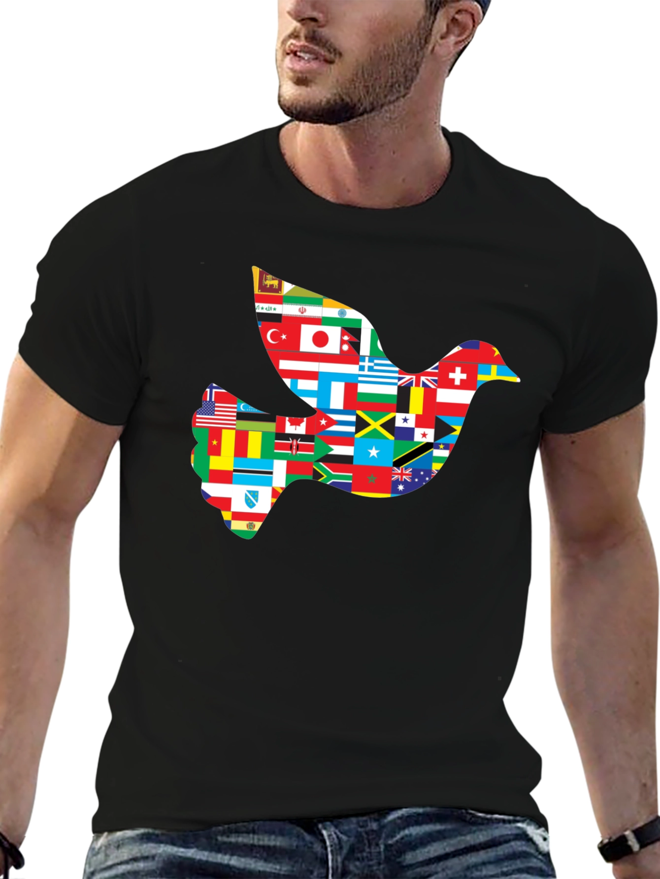Peace Dove Flags Graphic Tee - Black Cotton Shirt