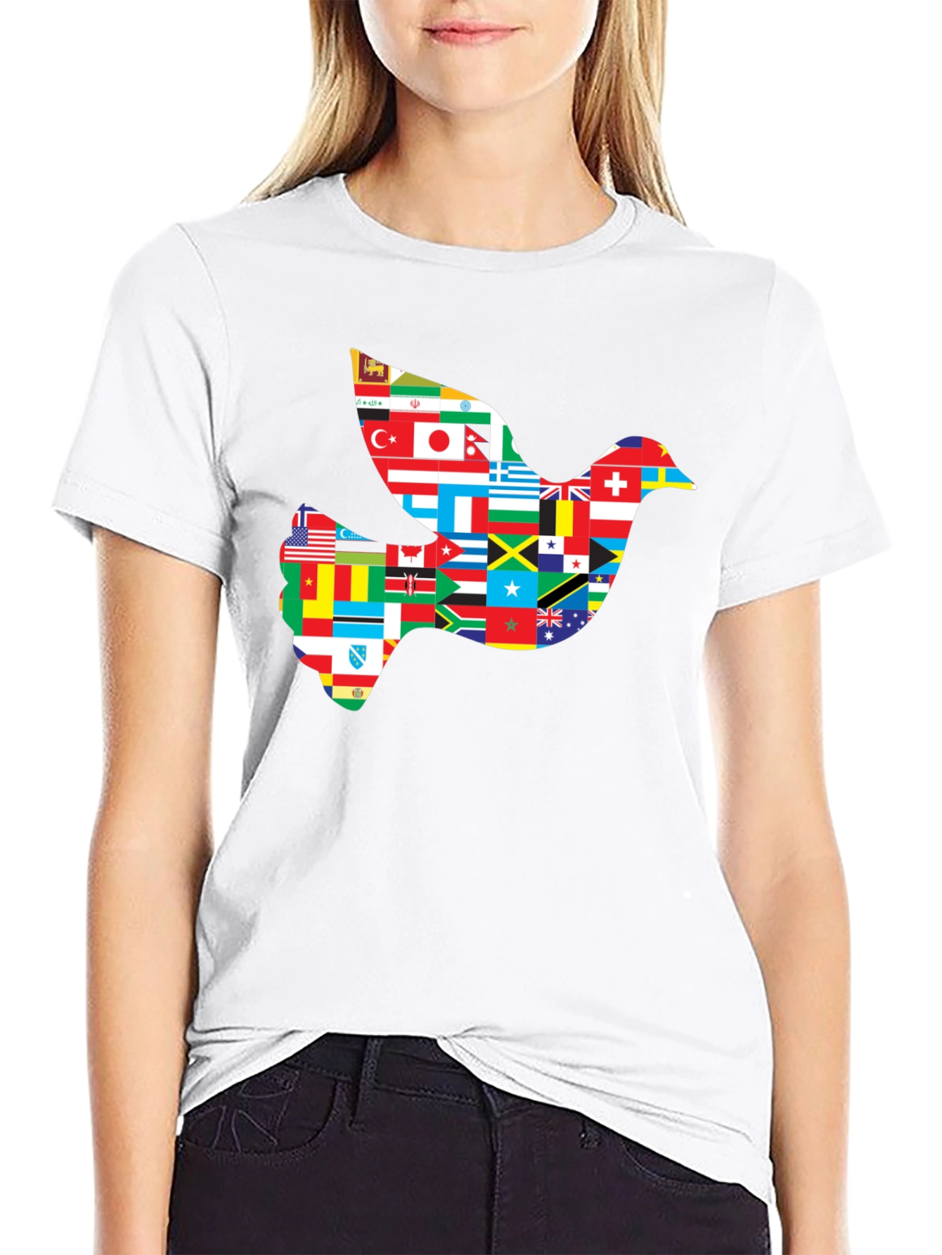 Peace Dove Flags Graphic Tee - Black Cotton Shirt