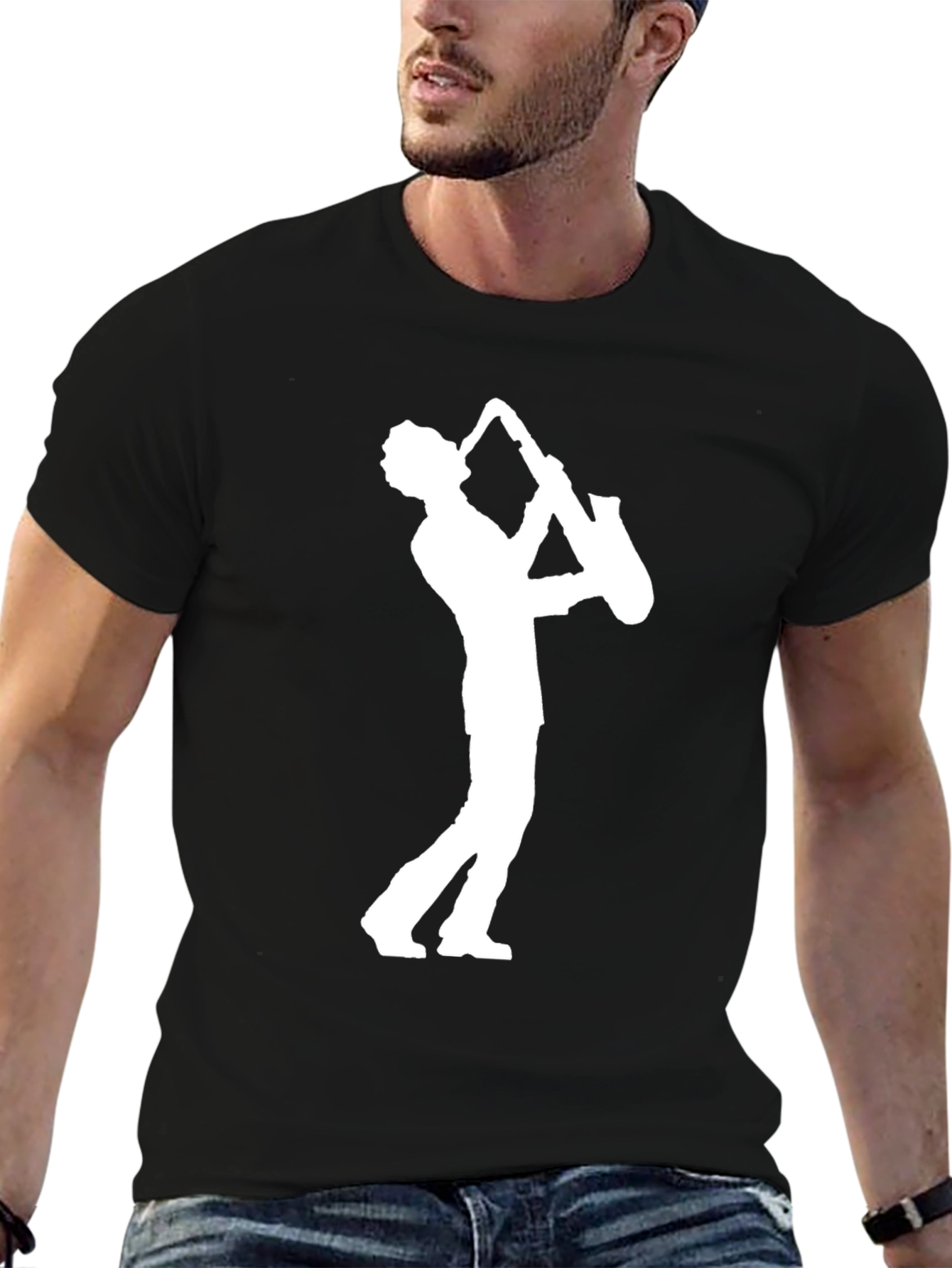 Cool Saxophone Player Graphic Tee - Black Cotton T-Shirt