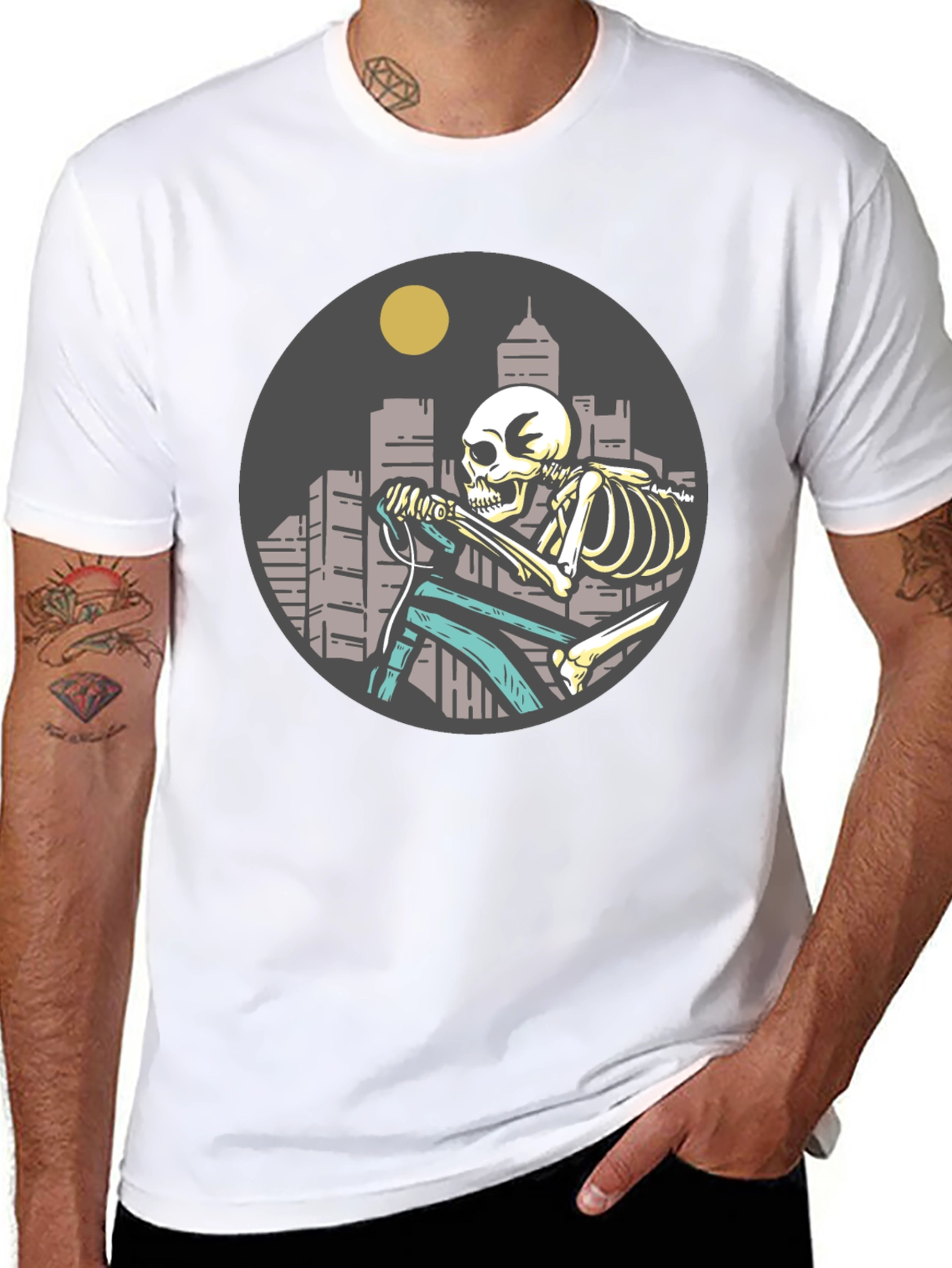 Skeleton Riding Bike T-Shirt - Cityscape Design