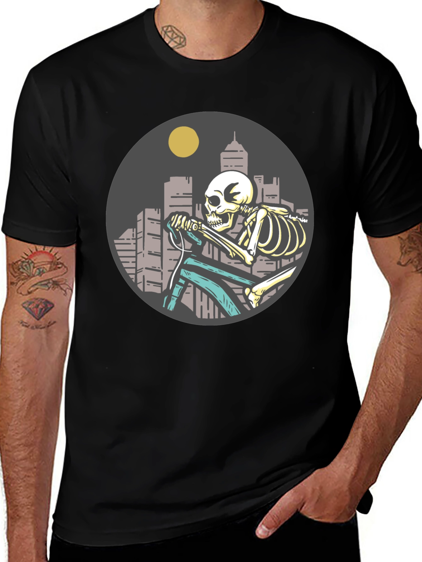 Skeleton Riding Bike T-Shirt - Cityscape Design