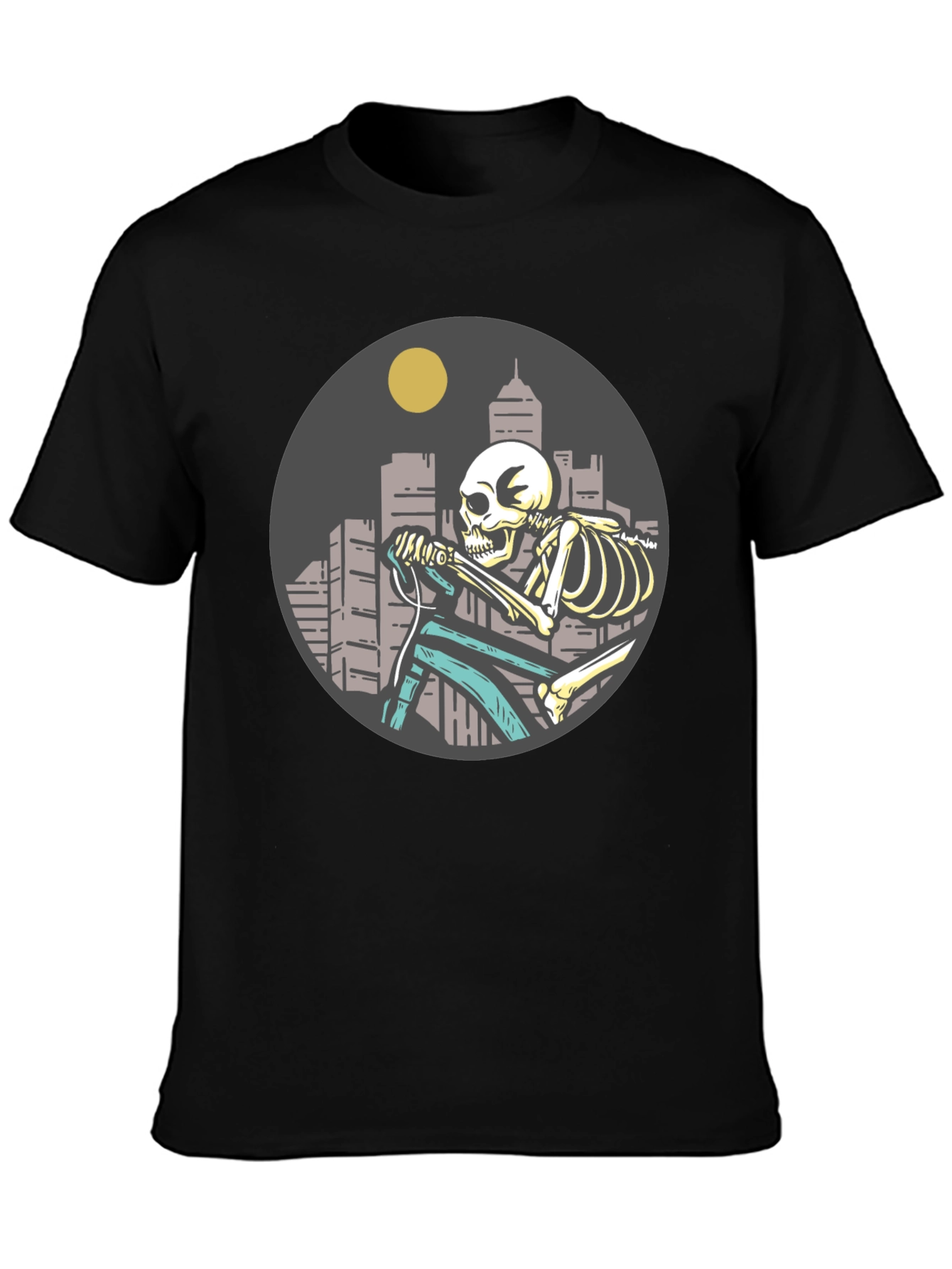 Skeleton Riding Bike T-Shirt - Cityscape Design