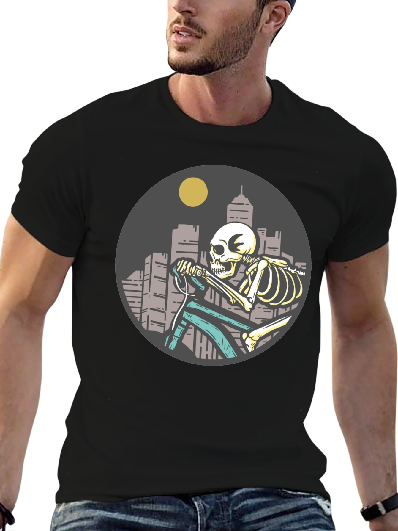 Skeleton Riding Bike T-Shirt - Cityscape Design