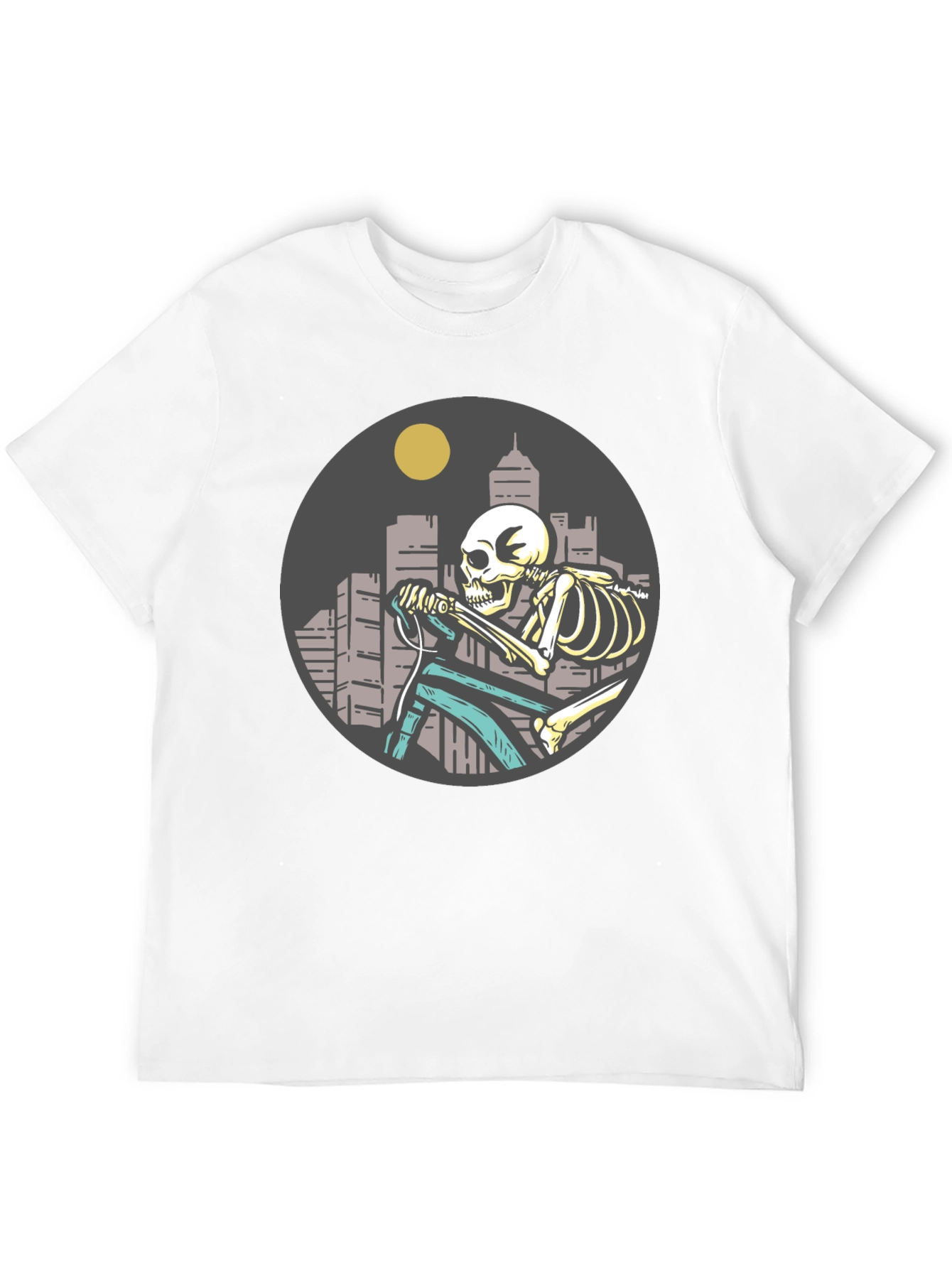 Skeleton Riding Bike T-Shirt - Cityscape Design