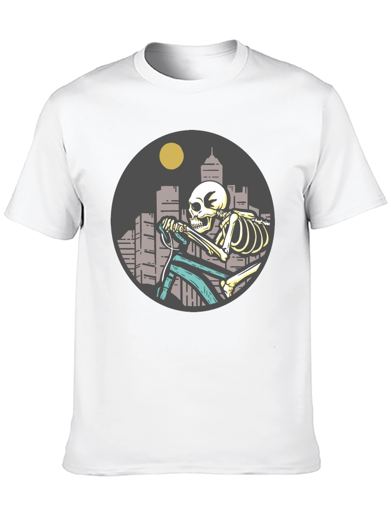 Skeleton Riding Bike T-Shirt - Cityscape Design