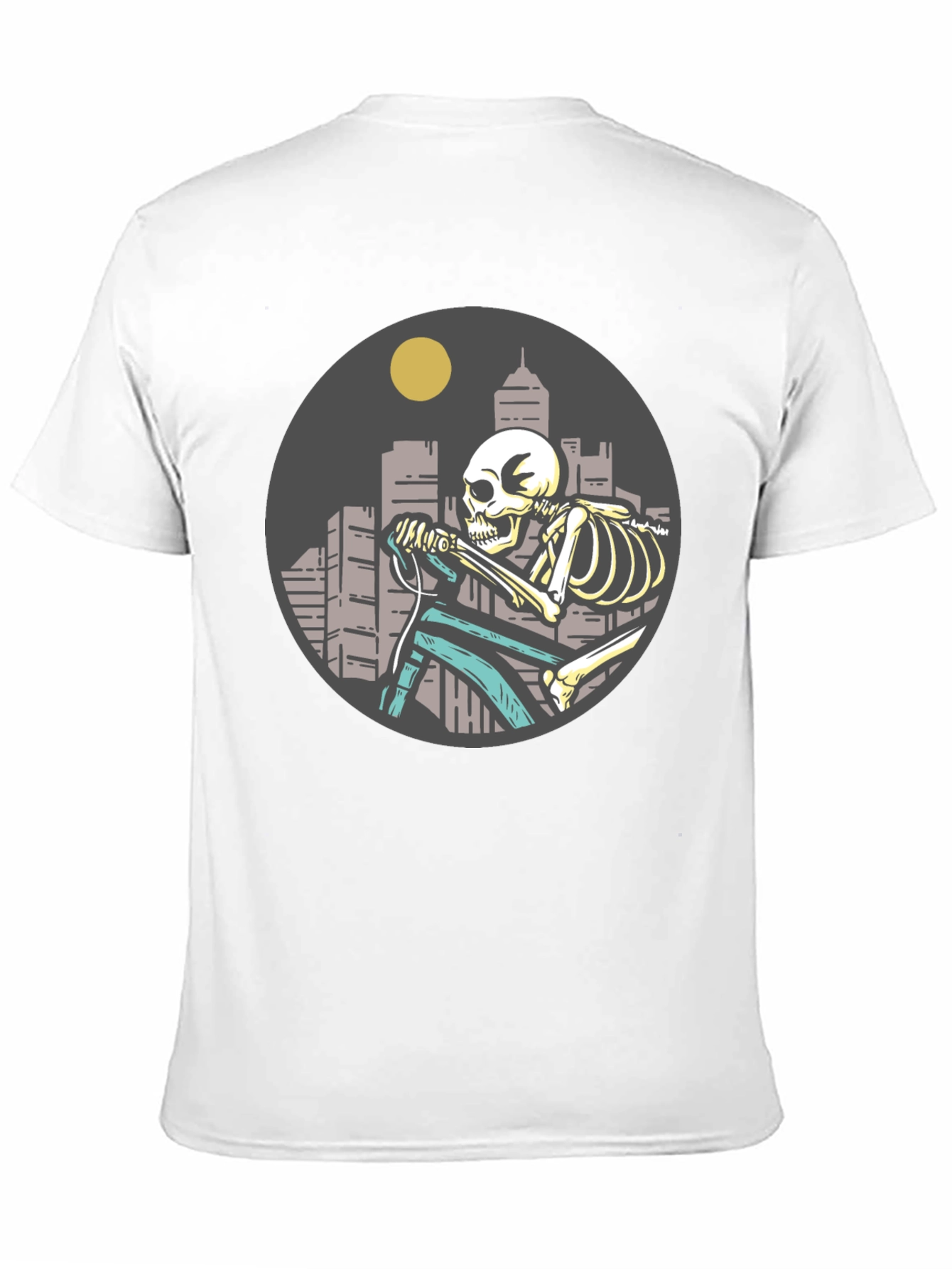 Skeleton Riding Bike T-Shirt - Cityscape Design