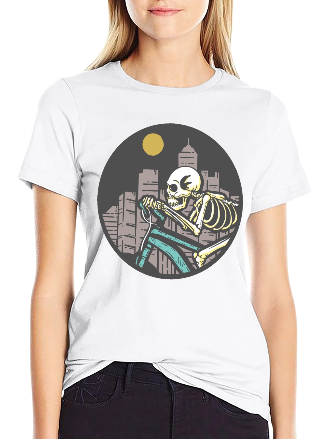 Skeleton Riding Bike T-Shirt - Cityscape Design