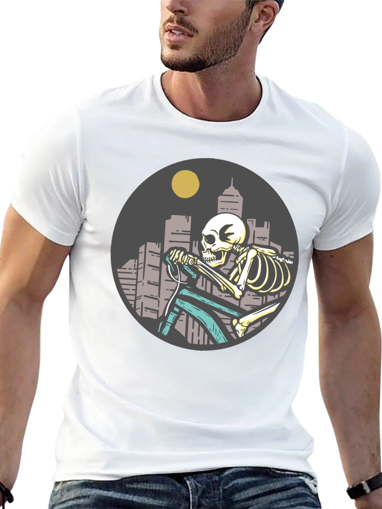 Skeleton Riding Bike T-Shirt - Cityscape Design