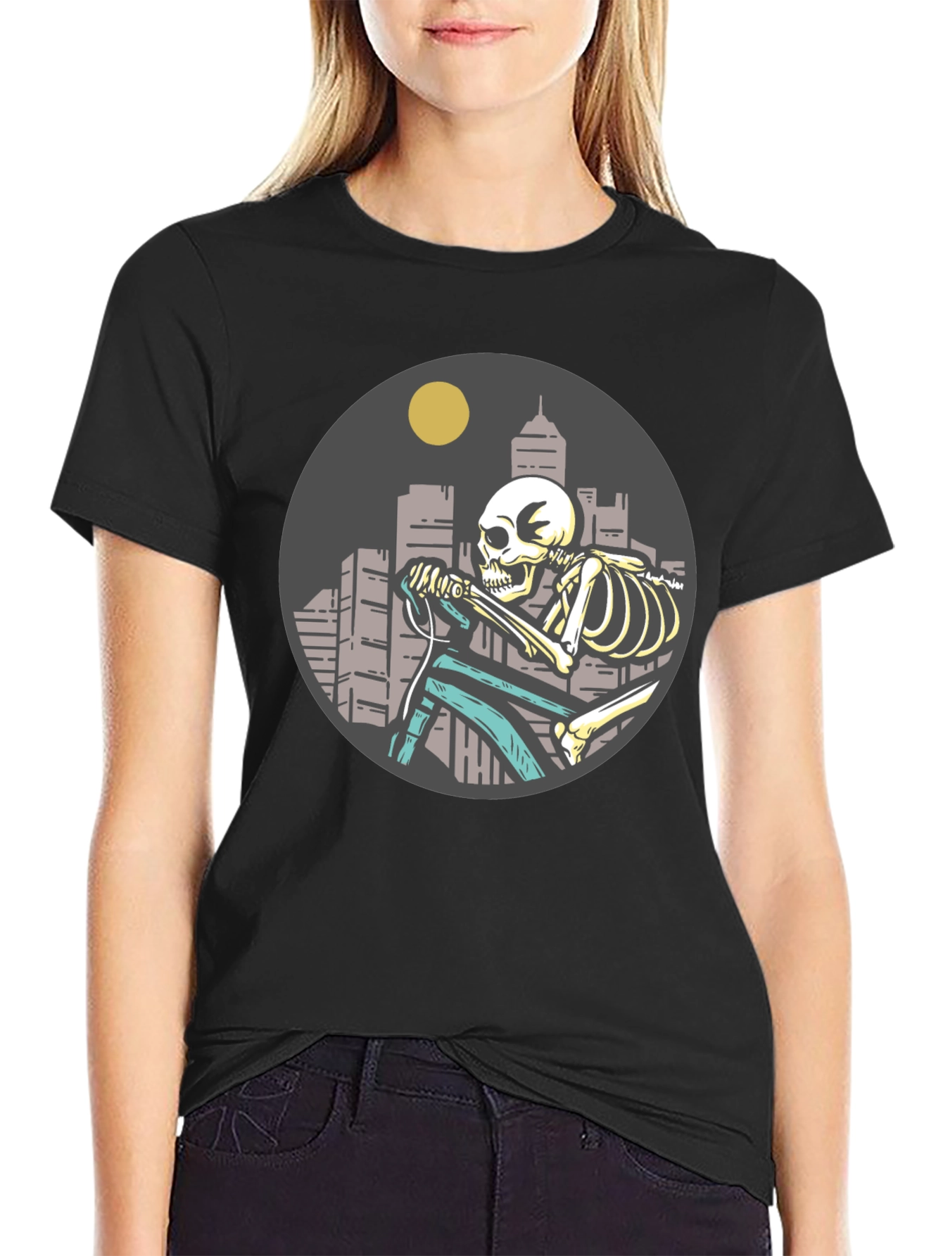 Skeleton Riding Bike T-Shirt - Cityscape Design