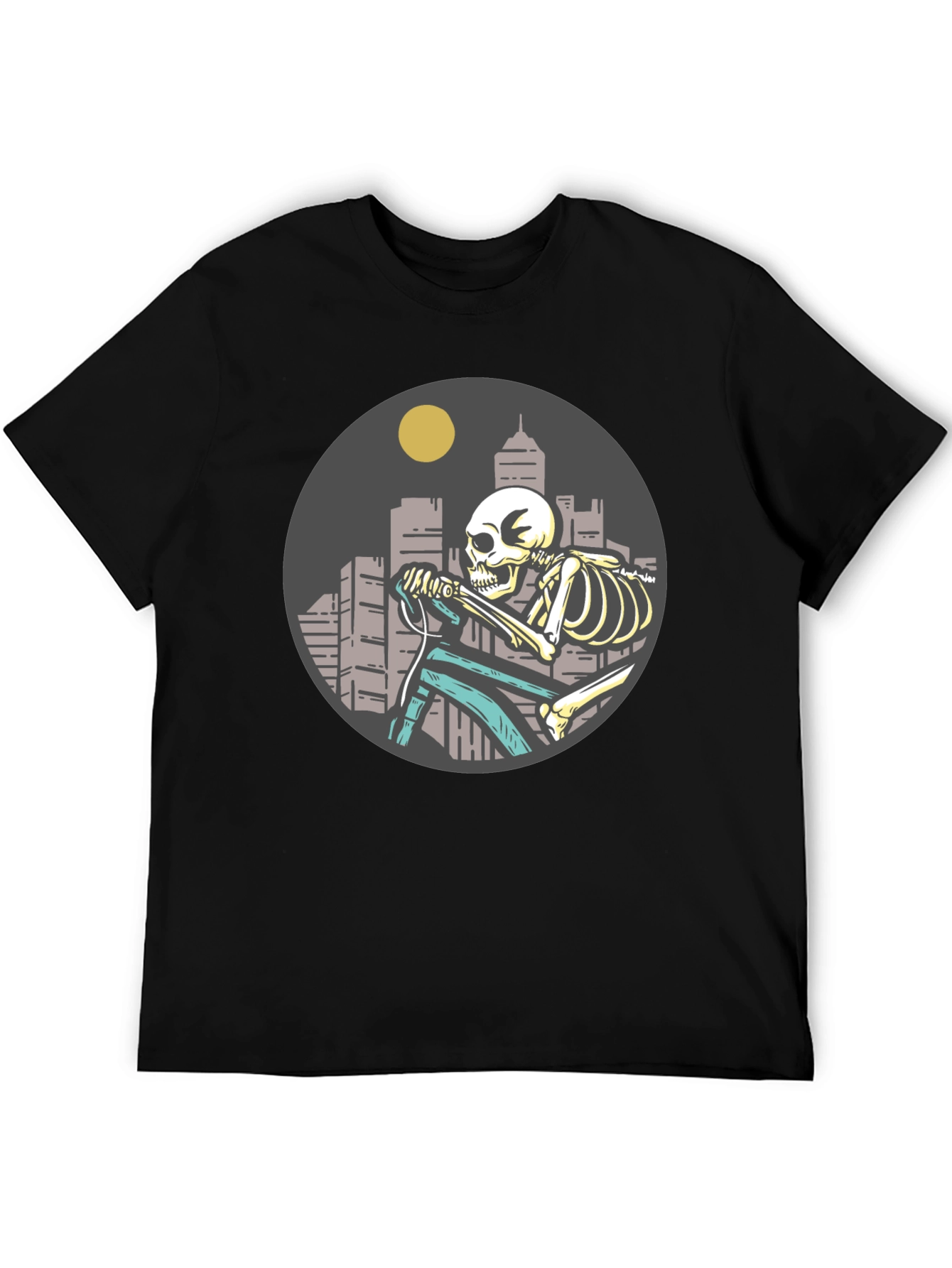 Skeleton Riding Bike T-Shirt - Cityscape Design
