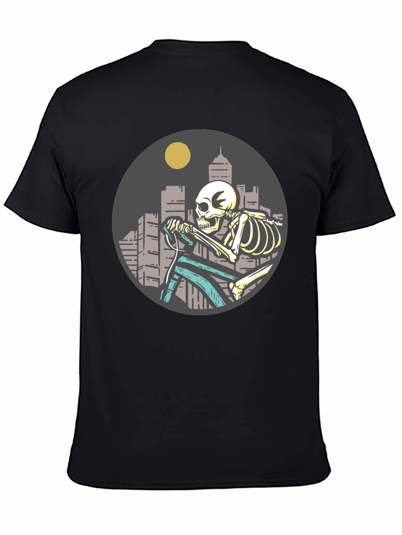 Skeleton Riding Bike T-Shirt - Cityscape Design