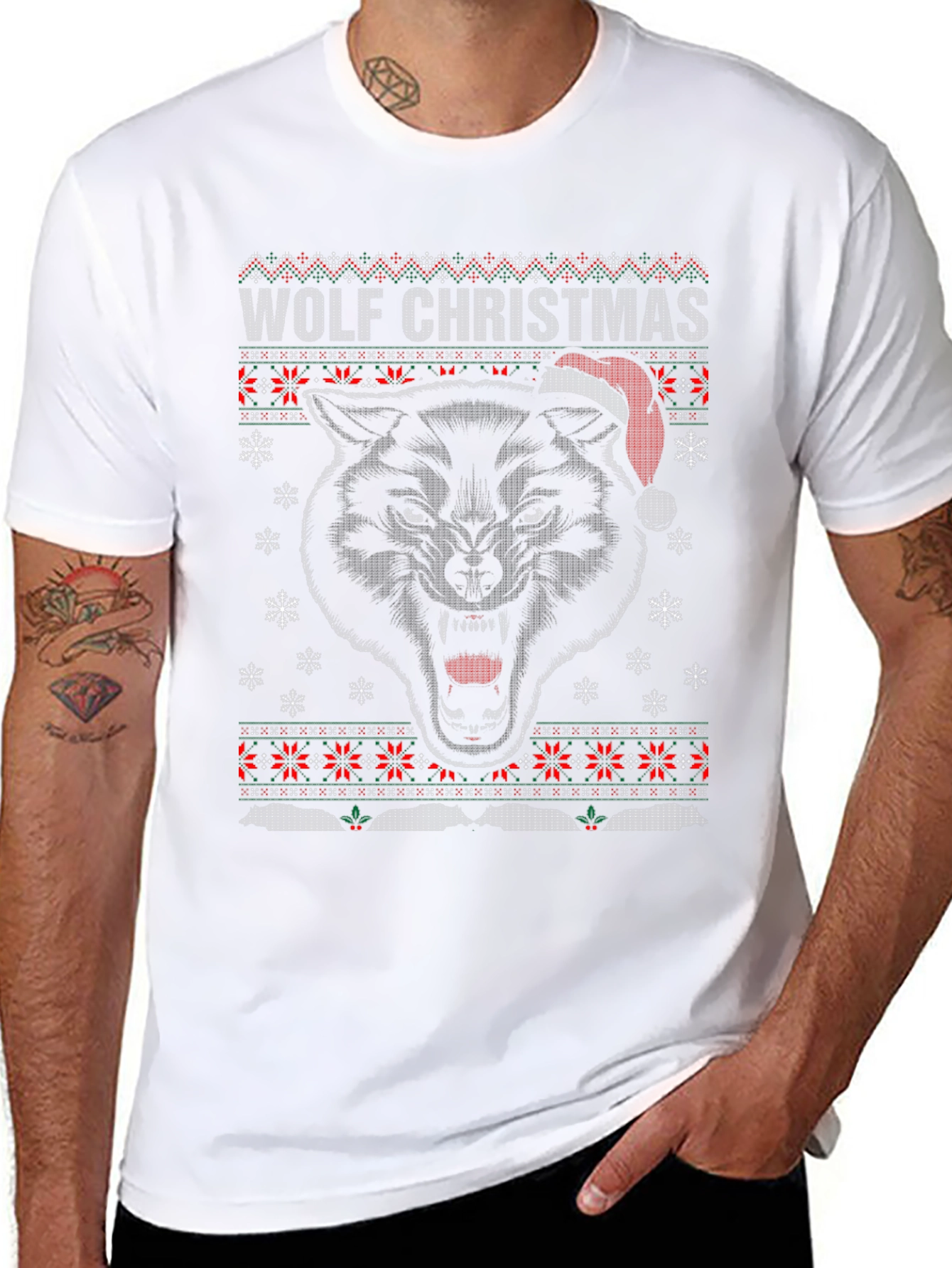 Wolf Christmas Ugly Sweater Style Holiday T-Shirt