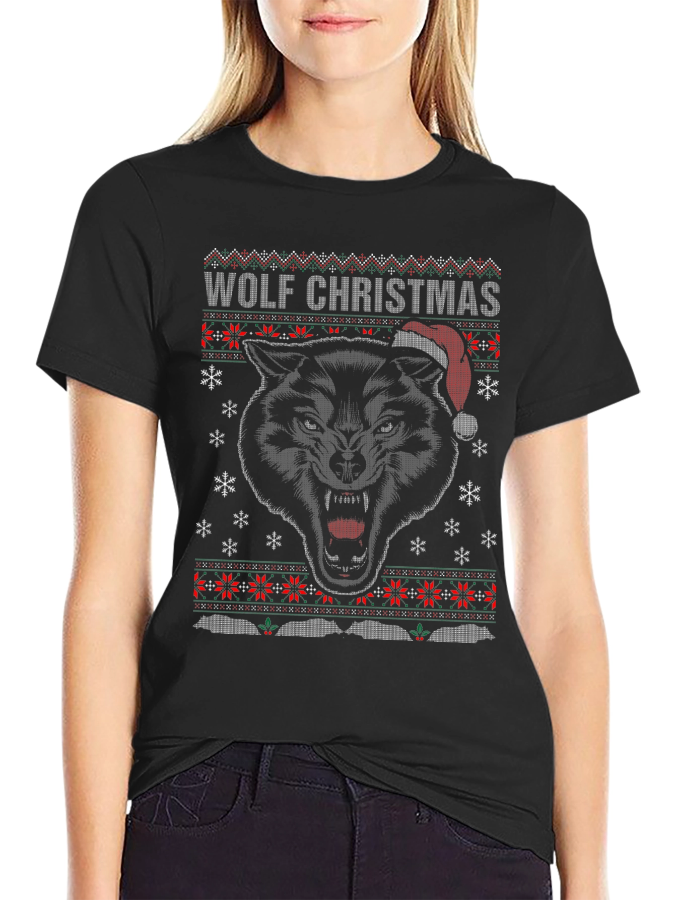 Wolf Christmas Ugly Sweater Style Holiday T-Shirt