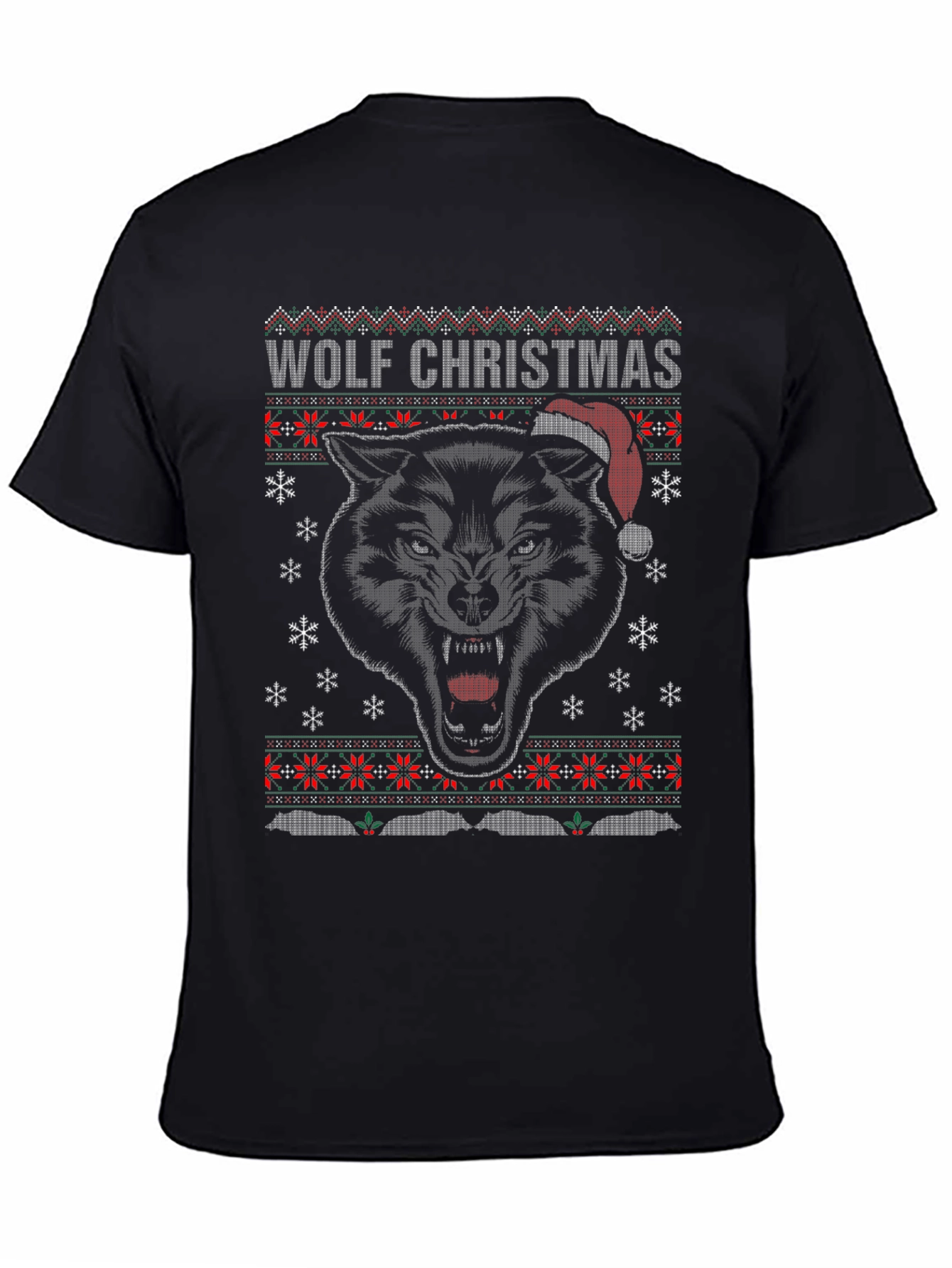 Wolf Christmas Ugly Sweater Style Holiday T-Shirt