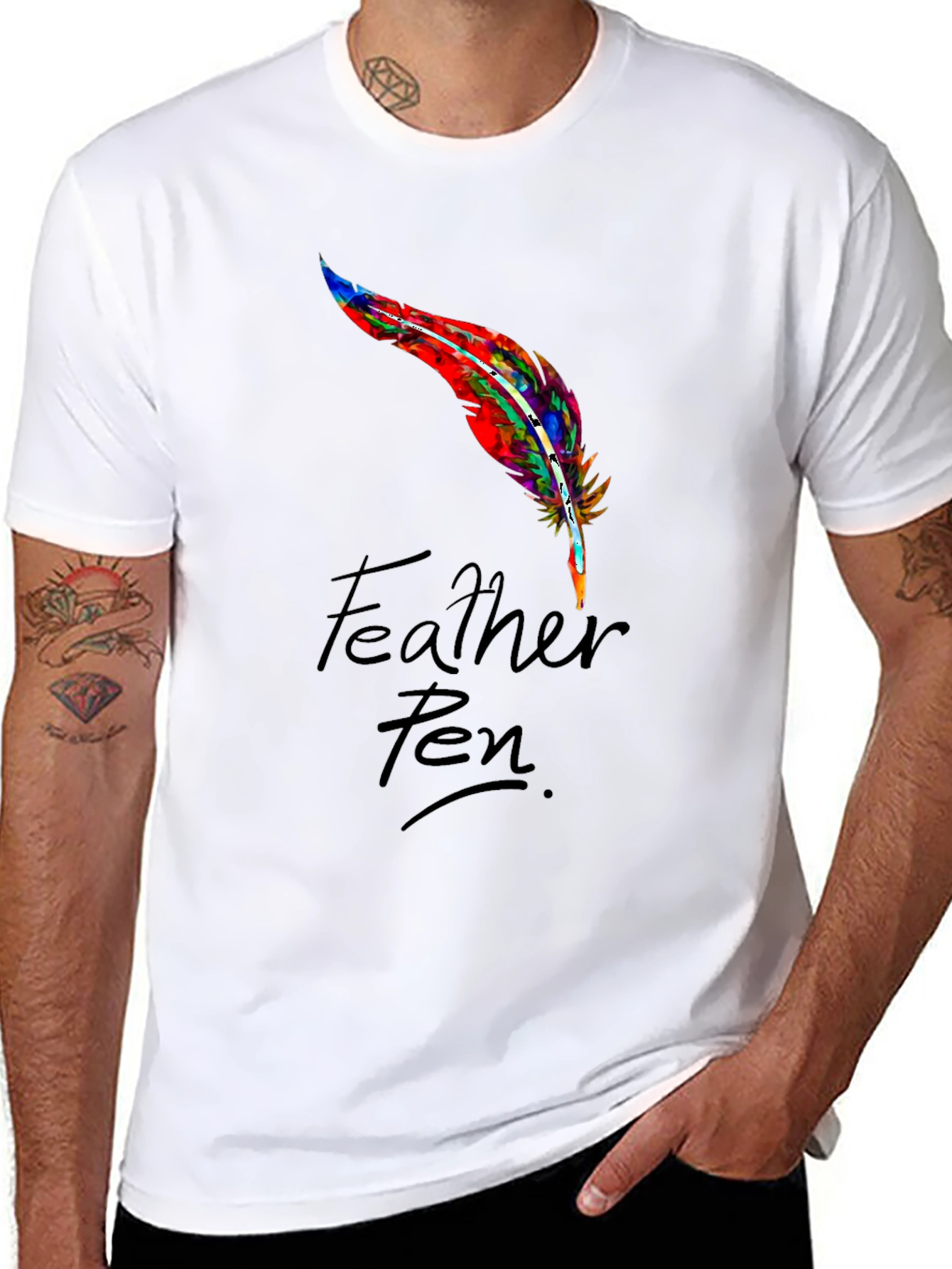 Feather Pen Graphic Tee - Stylish Mens Black T-Shirt