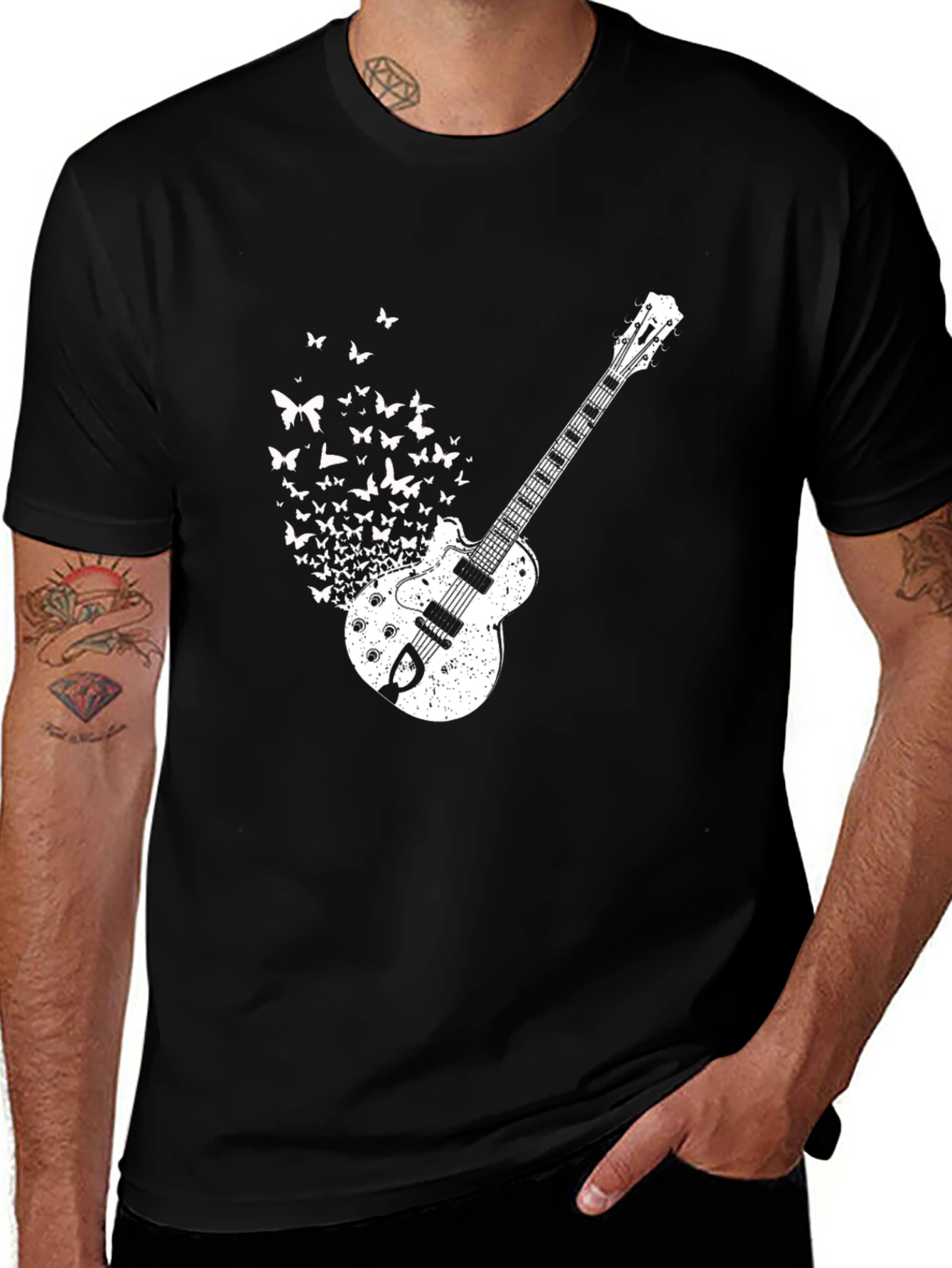 Guitar Butterfly Graphic Tee - Black Cotton Shirt