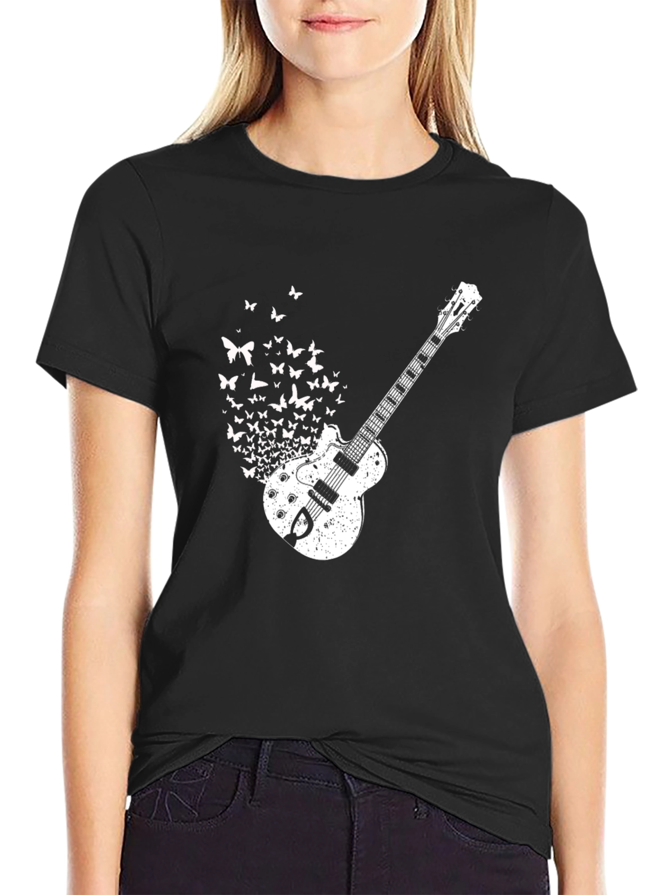 Guitar Butterfly Graphic Tee - Black Cotton Shirt