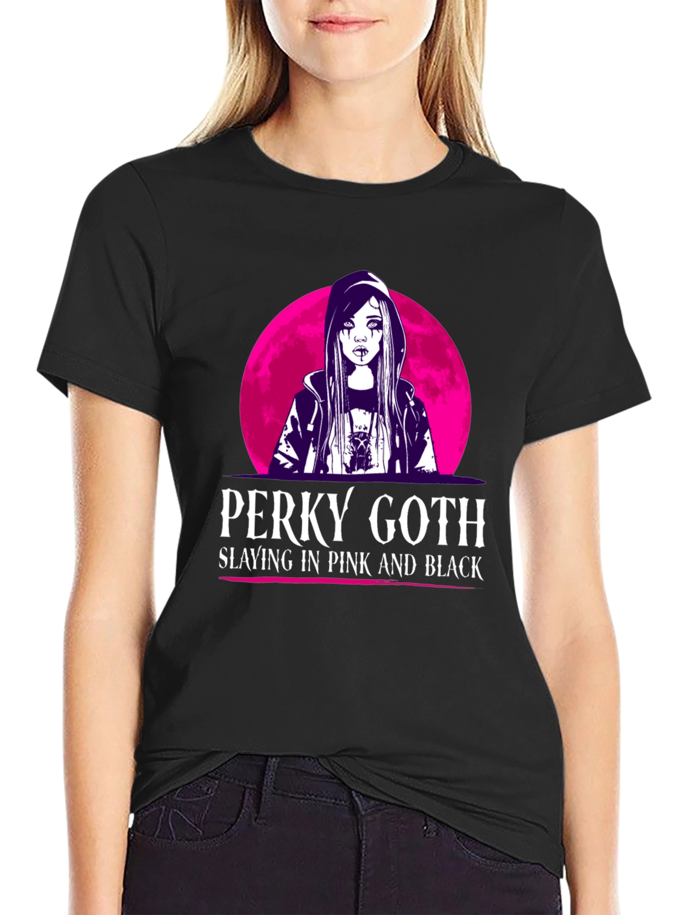 Perky Goth Black T-Shirt - Pink & Black Design