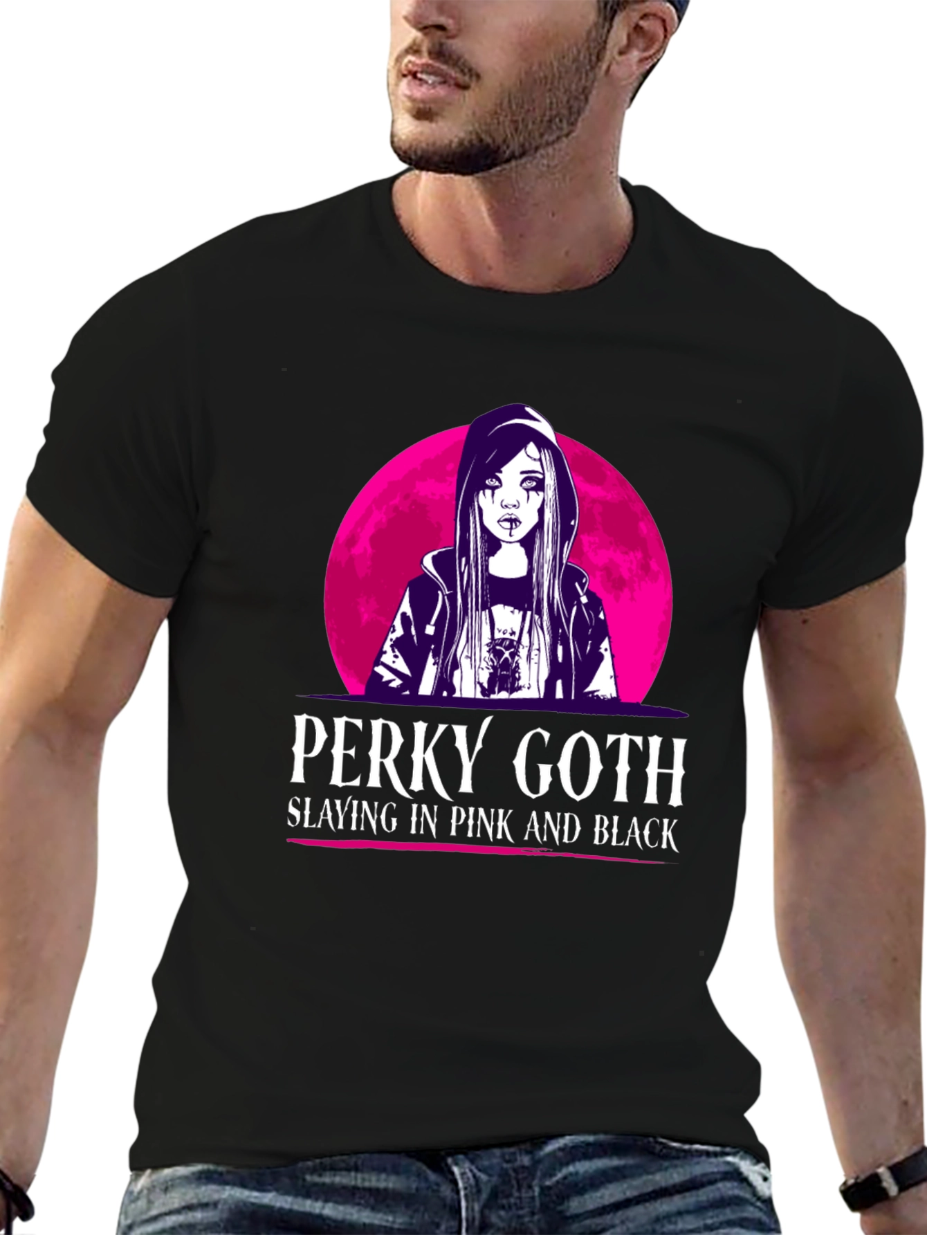 Perky Goth Black T-Shirt - Pink & Black Design
