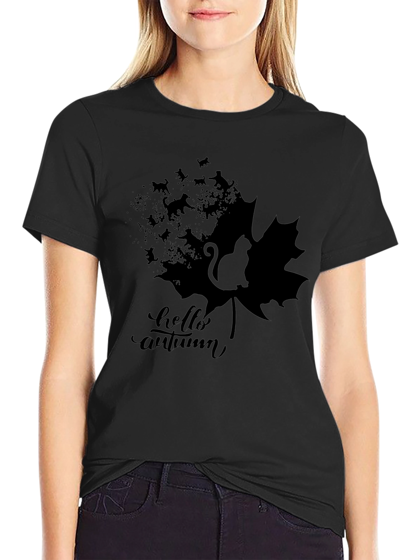 Hello Autumn Black Cat Graphic T-Shirt