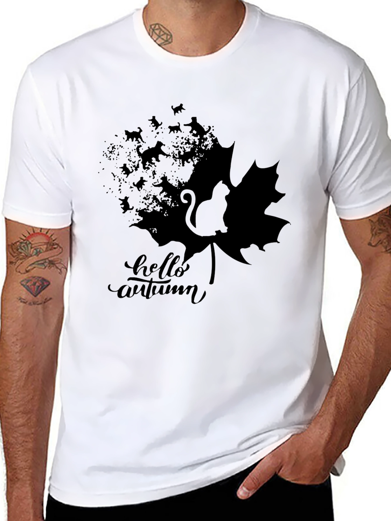 Hello Autumn Black Cat Graphic T-Shirt