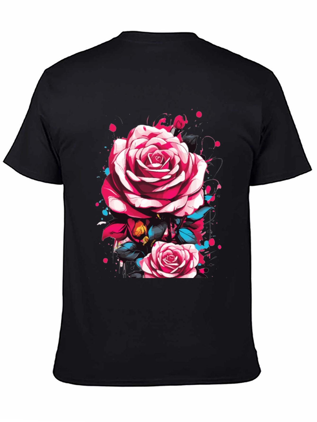 Mens Black T-Shirt with Floral Rose Design