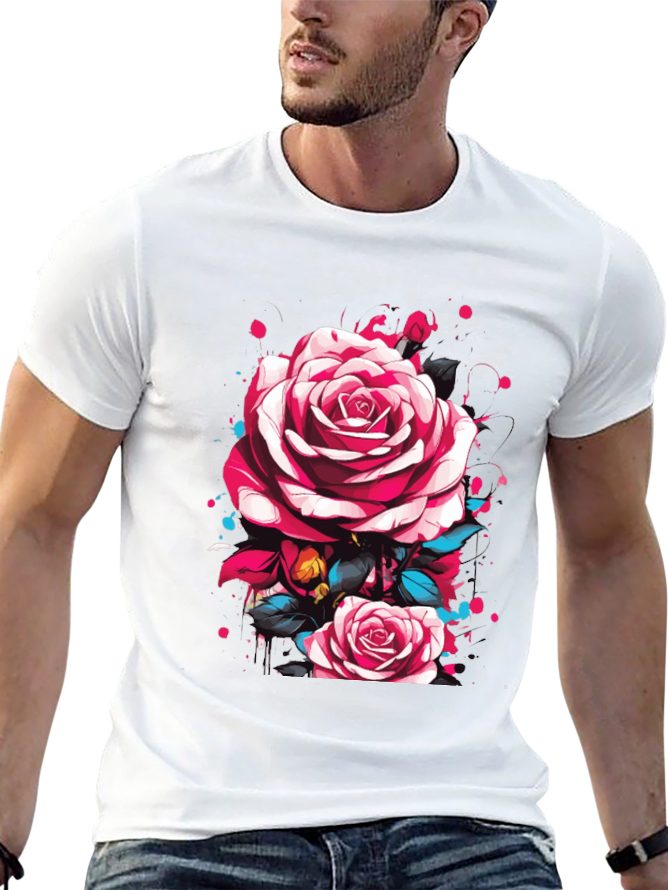 Mens Black T-Shirt with Floral Rose Design