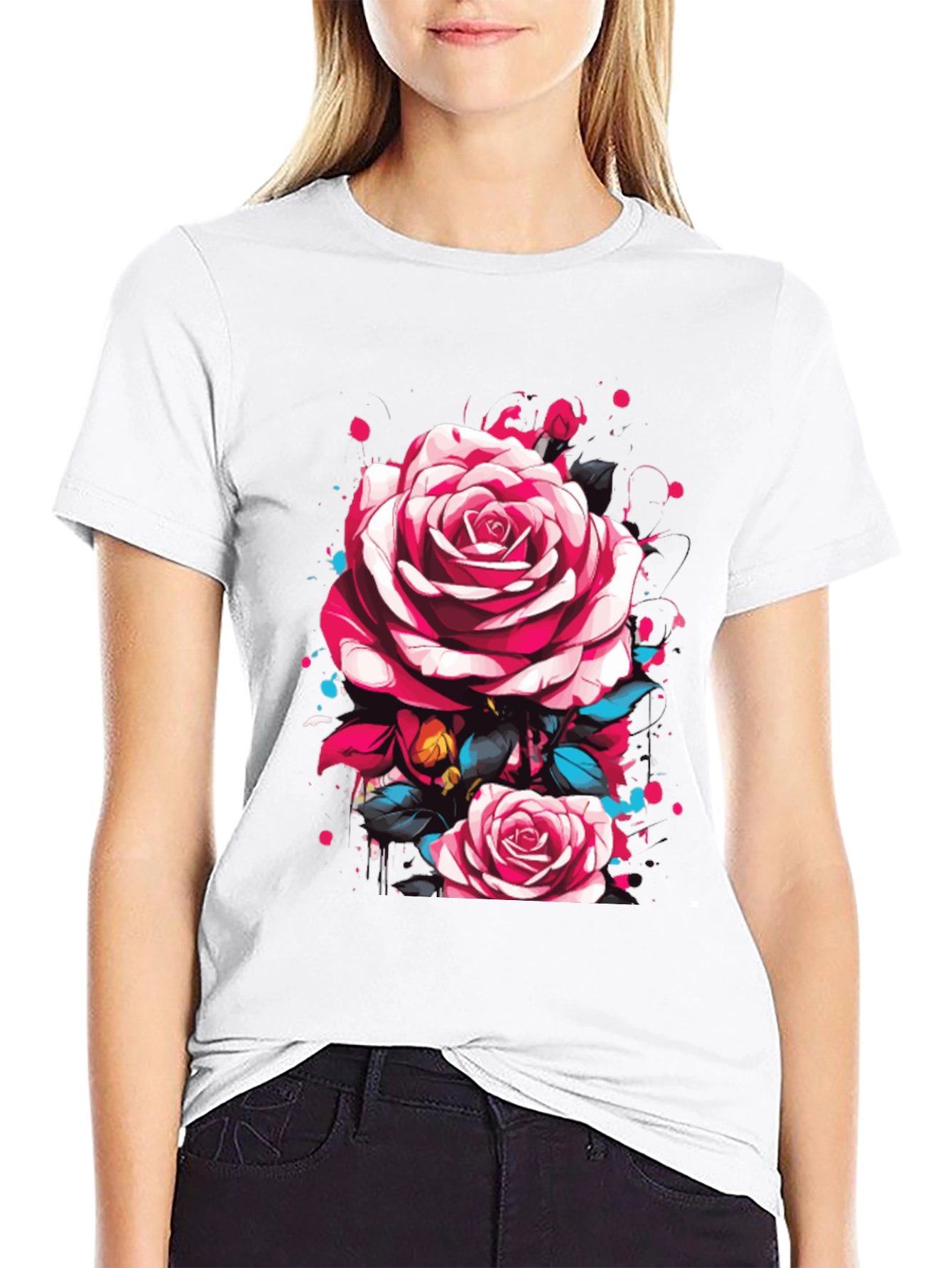 Mens Black T-Shirt with Floral Rose Design