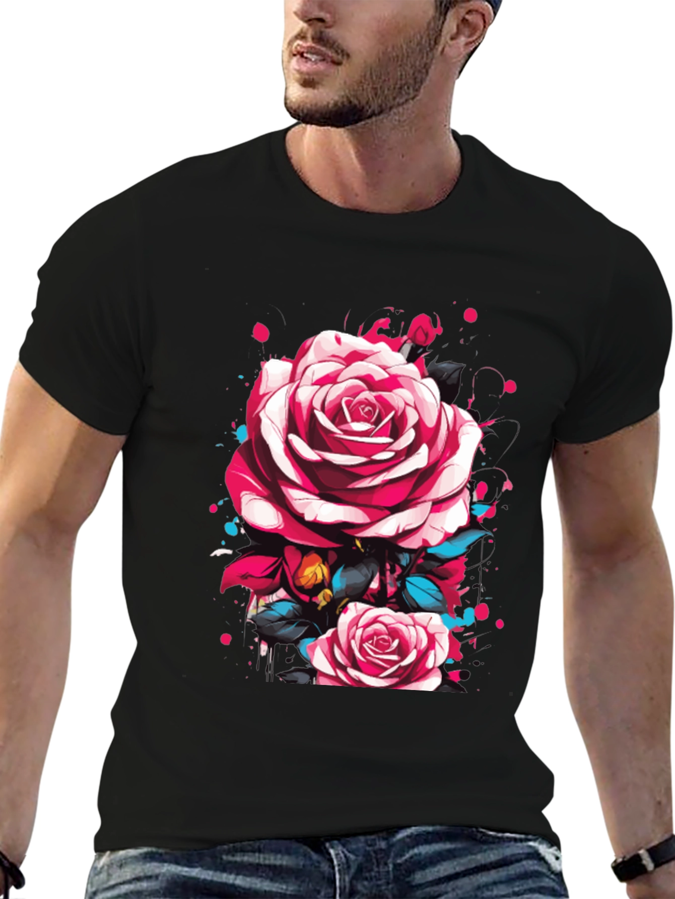 Mens Black T-Shirt with Floral Rose Design