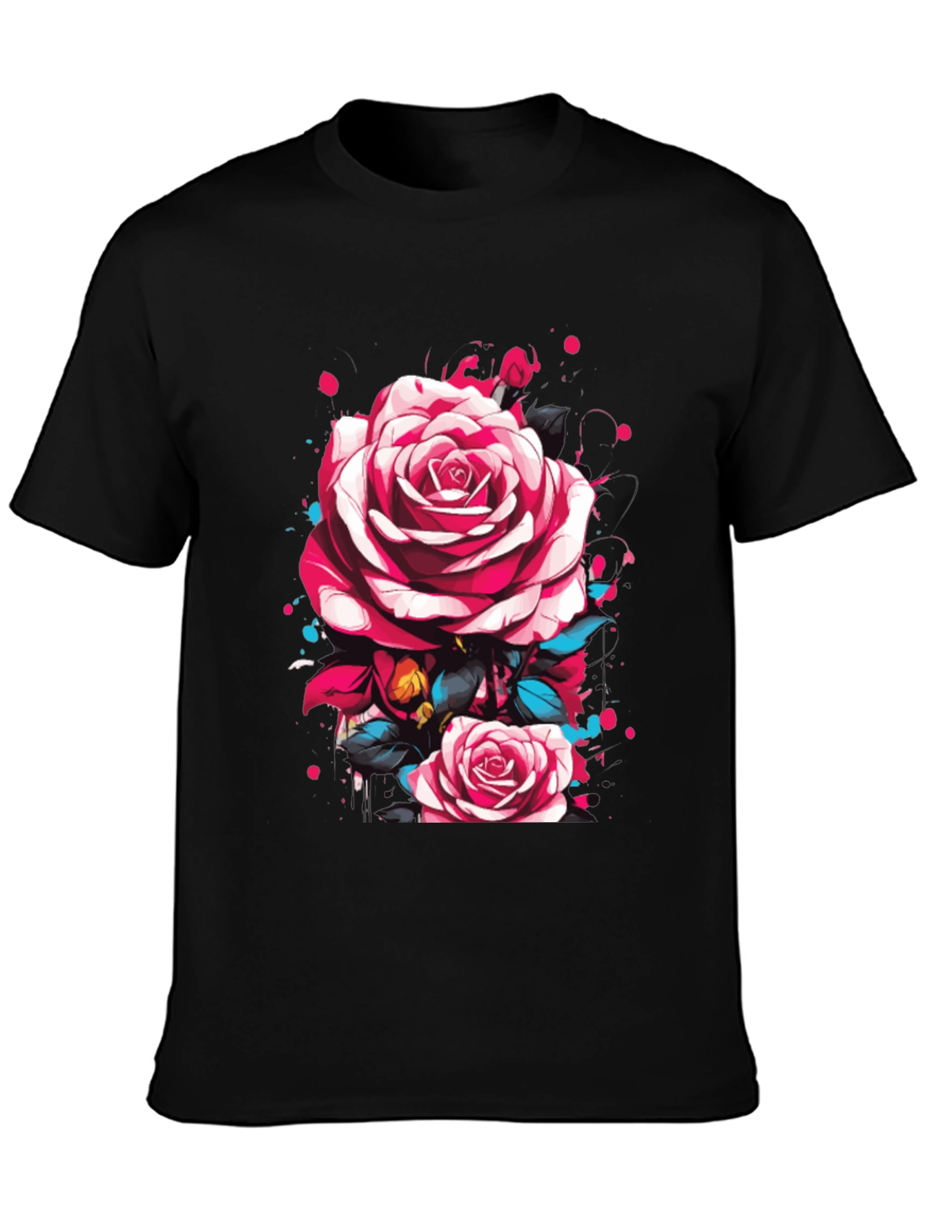 Mens Black T-Shirt with Floral Rose Design