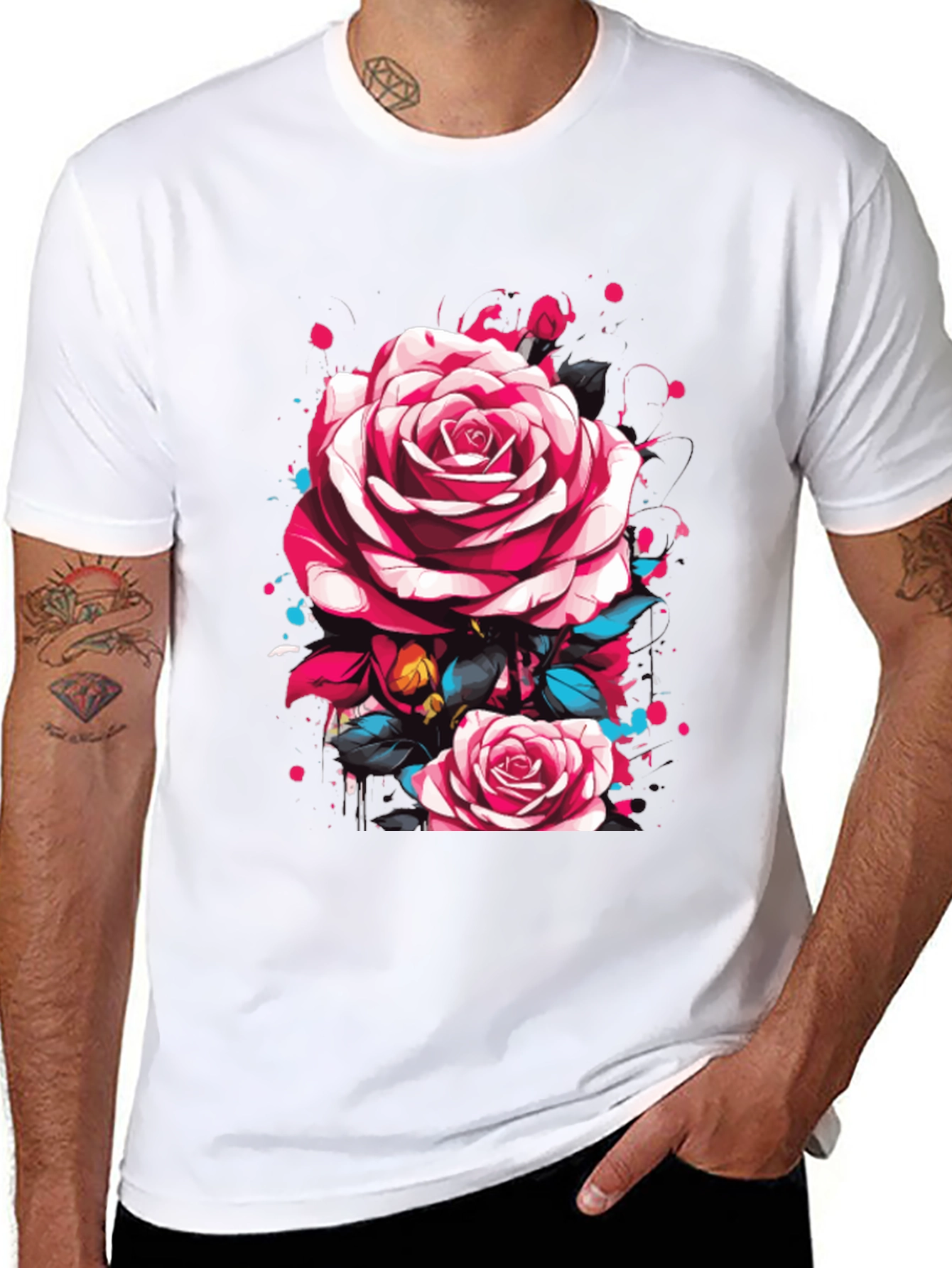 Mens Black T-Shirt with Floral Rose Design